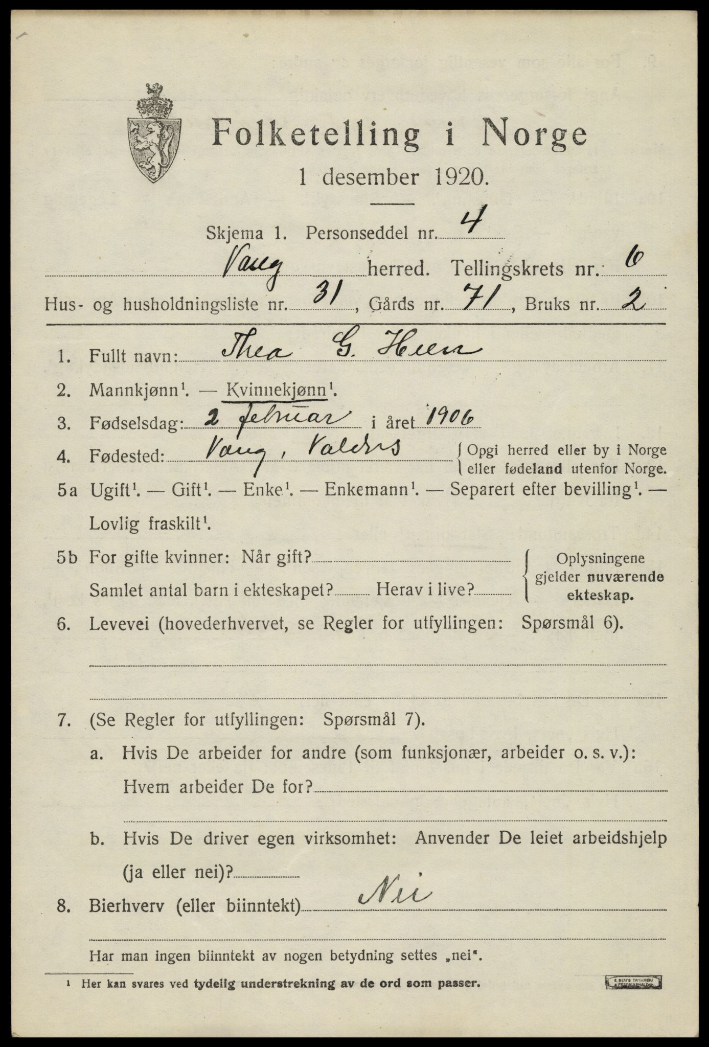 SAH, 1920 census for Vang (Oppland), 1920, p. 3081