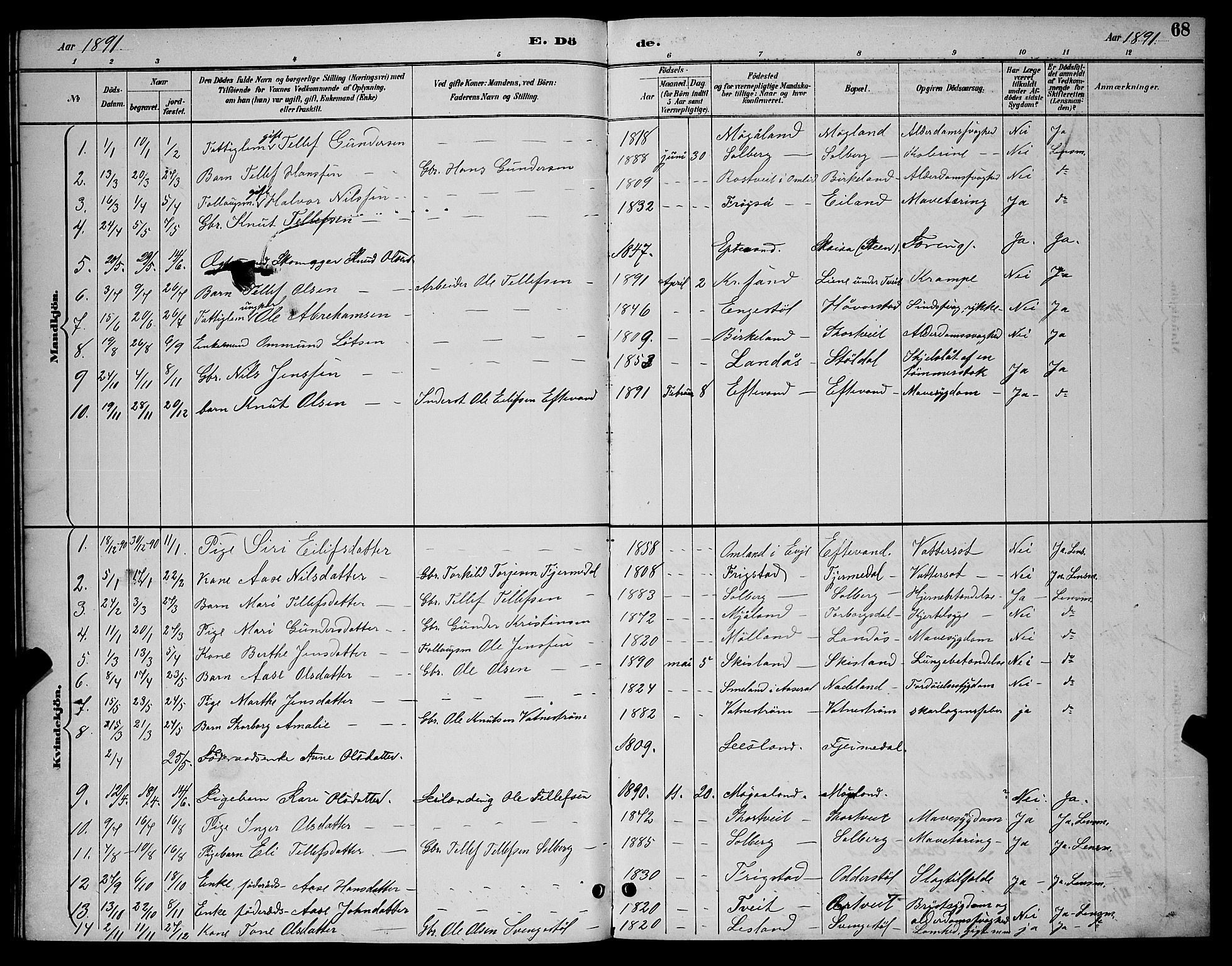 Evje sokneprestkontor, AV/SAK-1111-0008/F/Fb/Fbc/L0004: Parish register (copy) no. B 4, 1890-1900, p. 68