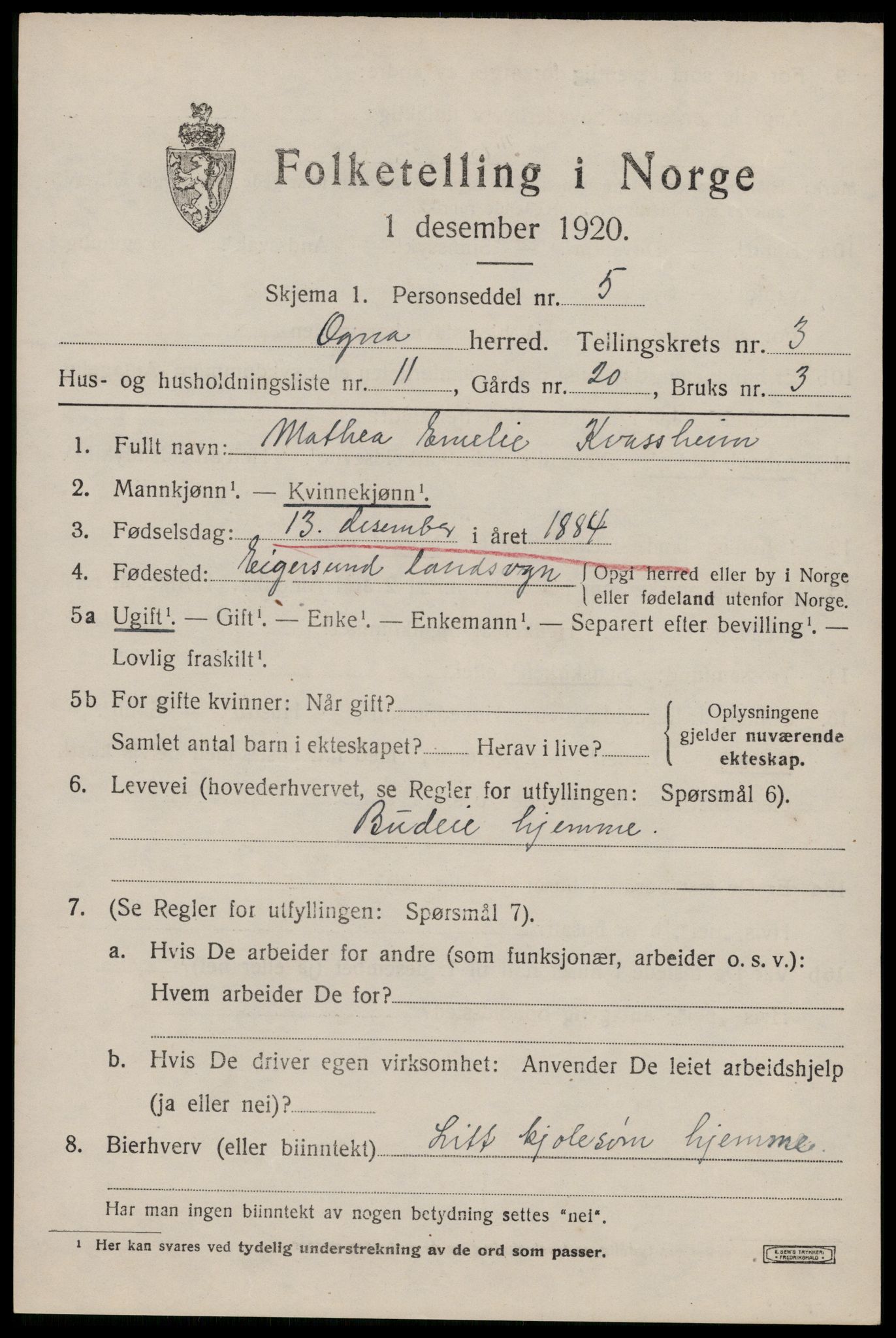 SAST, 1920 census for Ogna, 1920, p. 1889