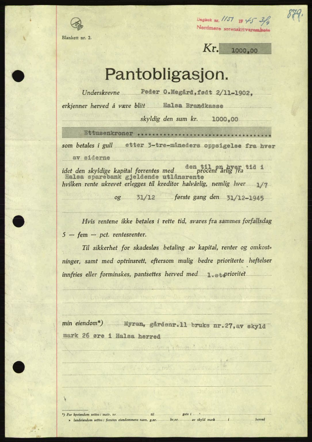 Nordmøre sorenskriveri, AV/SAT-A-4132/1/2/2Ca: Mortgage book no. B92, 1944-1945, Diary no: : 1151/1945