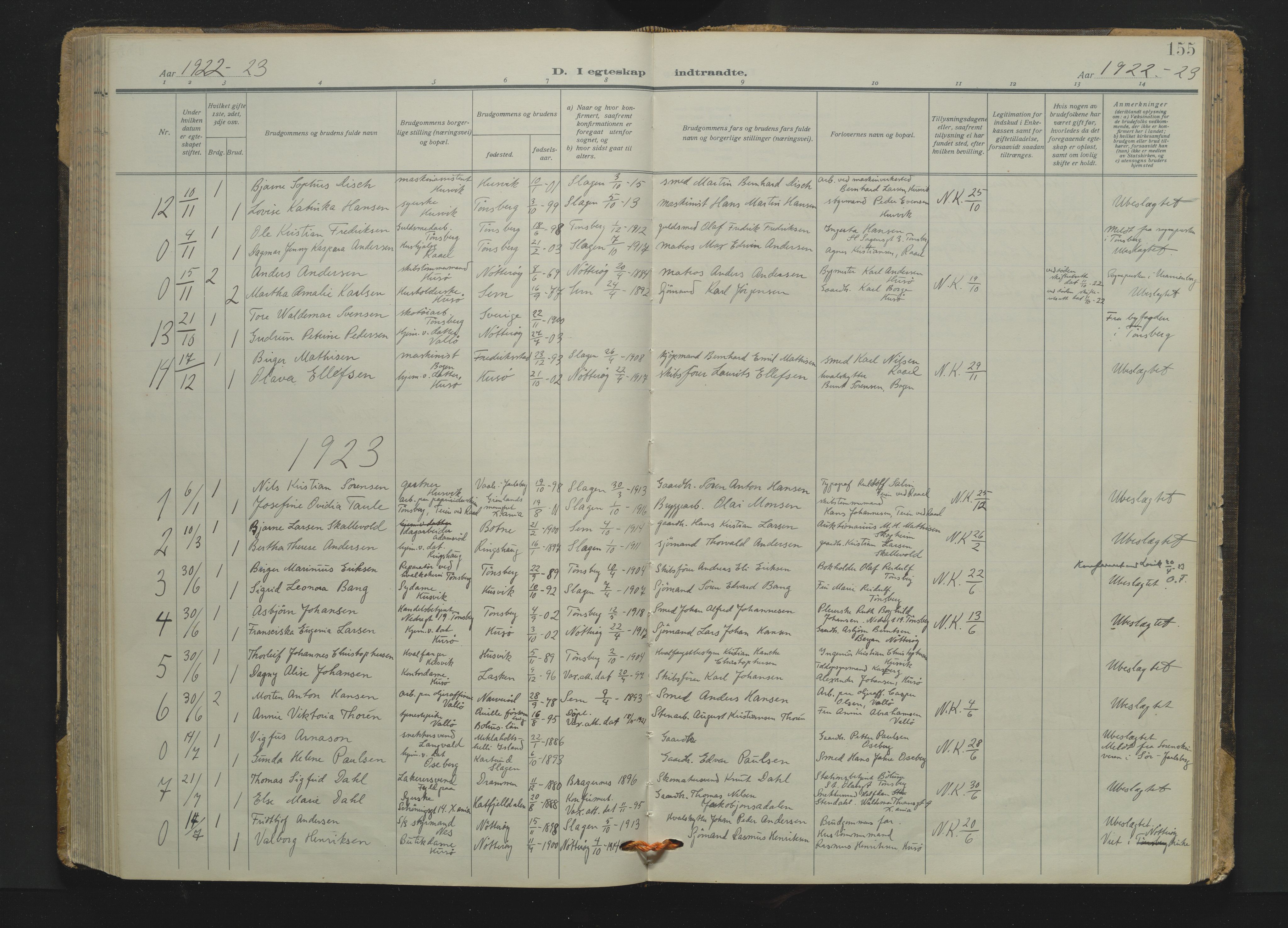 Søndre Slagen kirkebøker, AV/SAKO-A-326/F/Fa/L0001: Parish register (official) no. 1, 1922-1935, p. 155