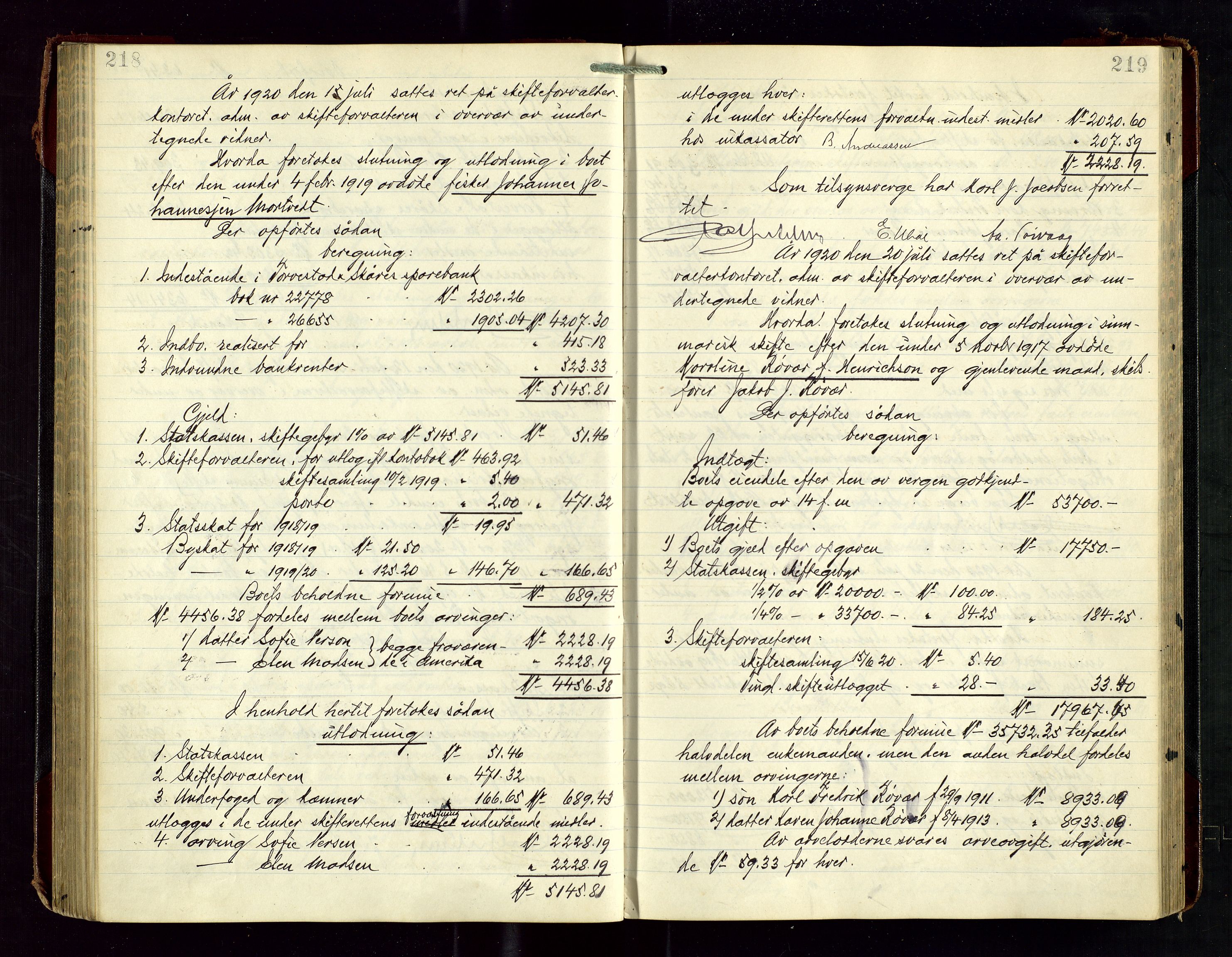 Haugesund tingrett, AV/SAST-A-101415/01/IV/IVD/L0003: Skifteutlodningsprotokoll, med register, 1915-1924, p. 218-219