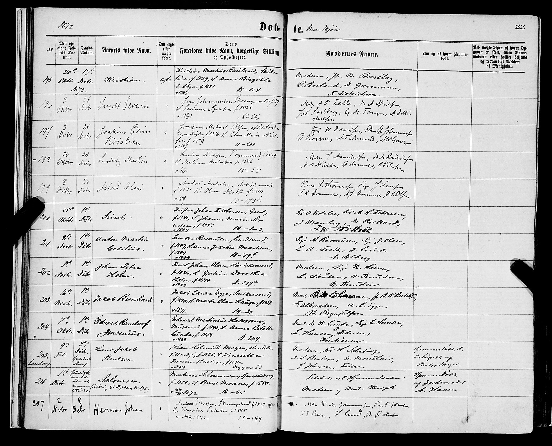 Domkirken sokneprestembete, SAB/A-74801/H/Haa/L0022: Parish register (official) no. B 5, 1872-1878, p. 22