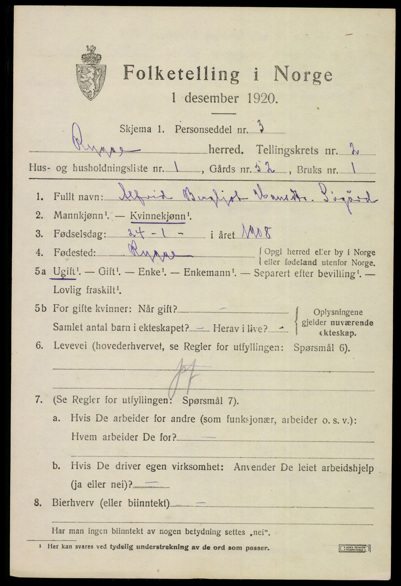 SAO, 1920 census for Rygge, 1920, p. 6097