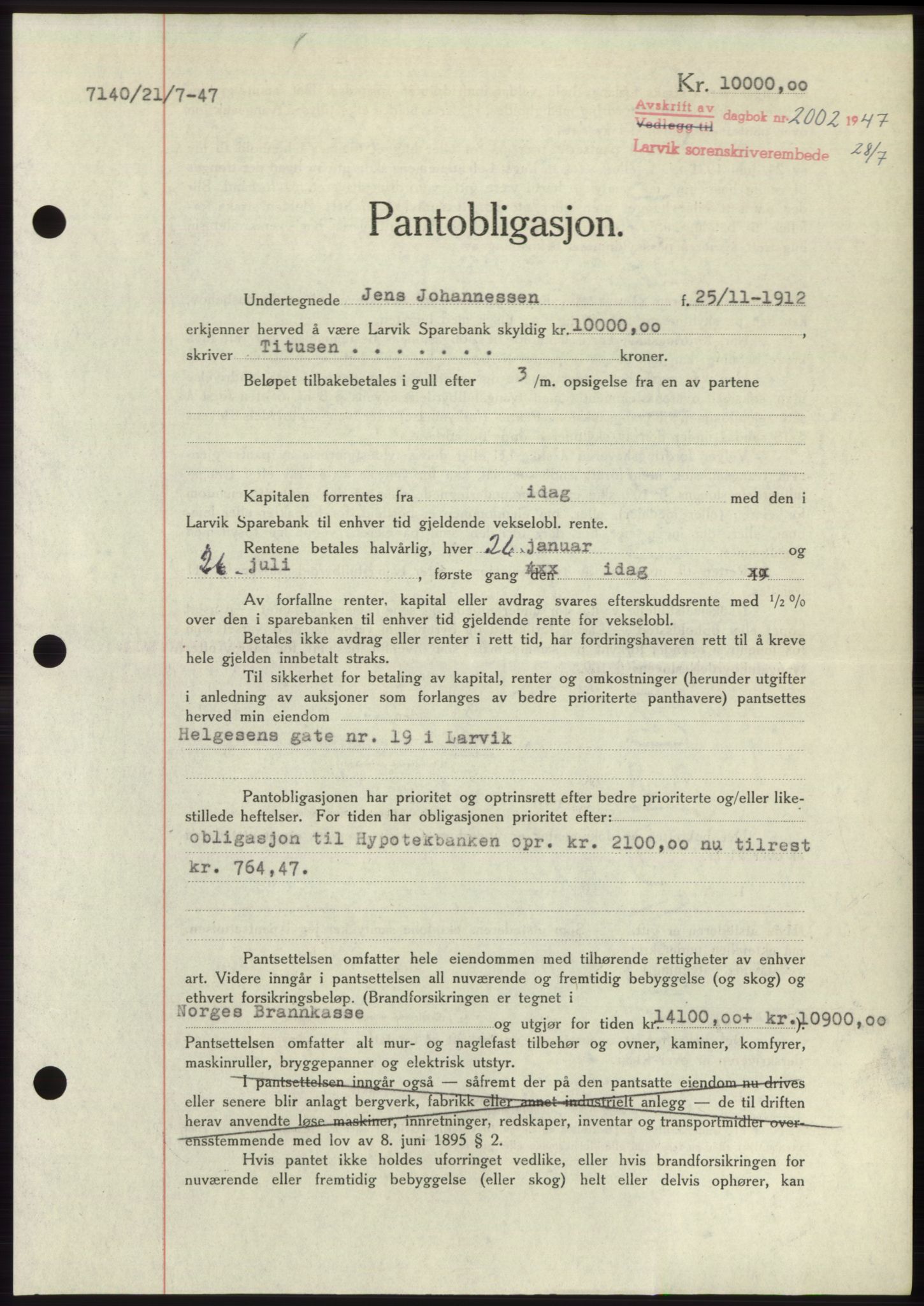 Larvik sorenskriveri, AV/SAKO-A-83/G/Ga/Gac/L0012: Mortgage book no. B-12, 1947-1947, Diary no: : 2002/1947