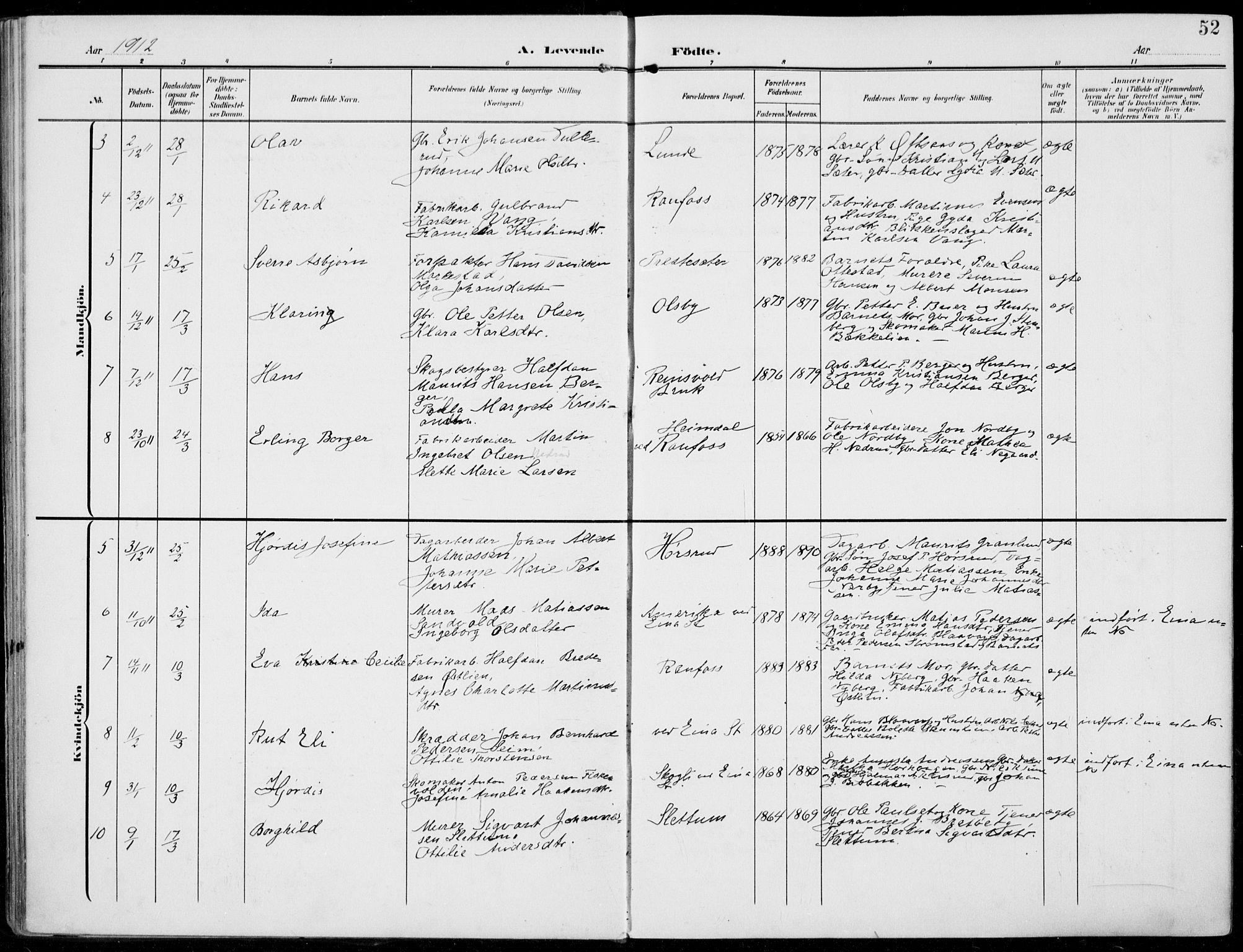 Vestre Toten prestekontor, AV/SAH-PREST-108/H/Ha/Haa/L0014: Parish register (official) no. 14, 1907-1920, p. 52