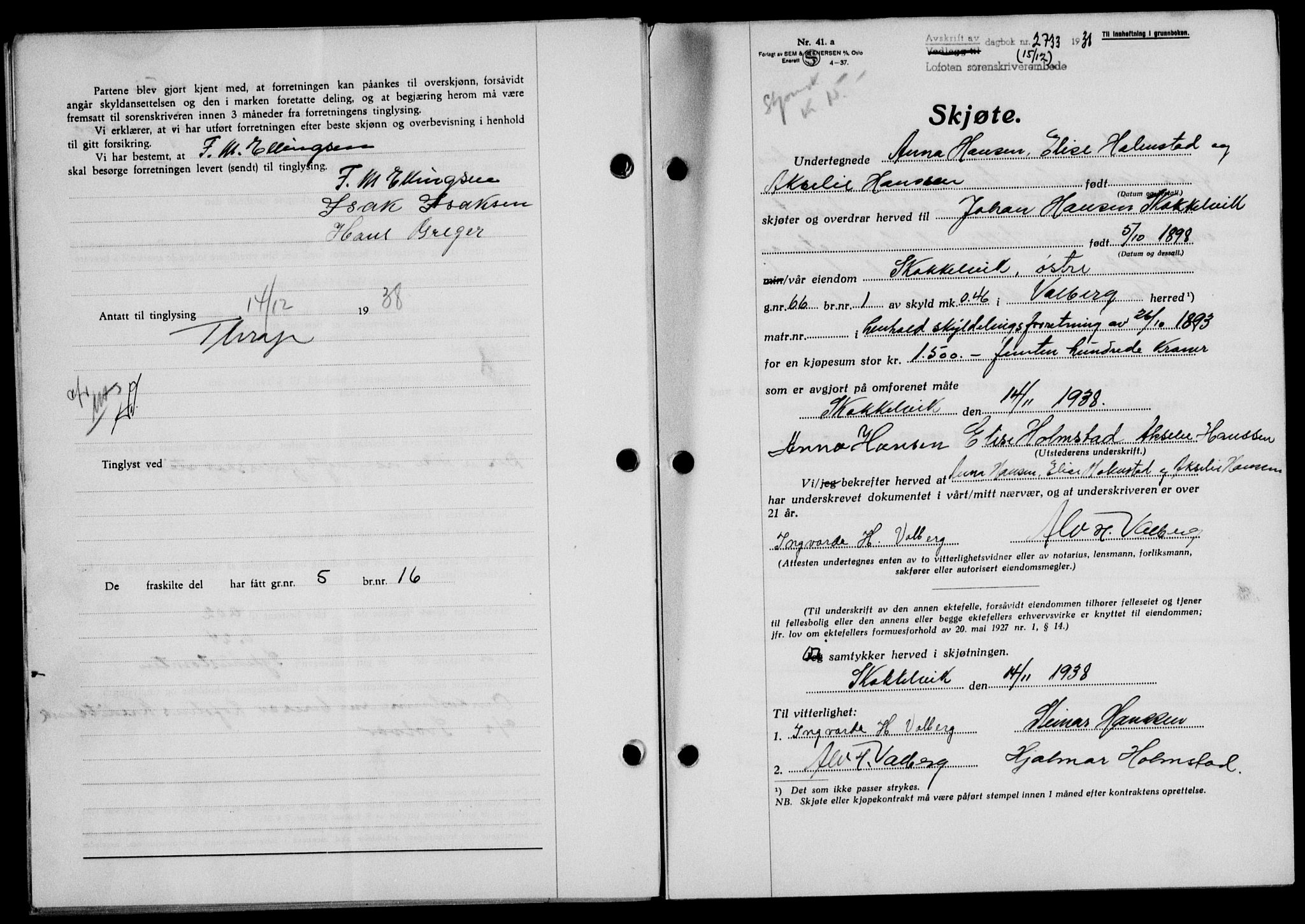 Lofoten sorenskriveri, SAT/A-0017/1/2/2C/L0005a: Mortgage book no. 5a, 1939-1939, Diary no: : 2733/1938