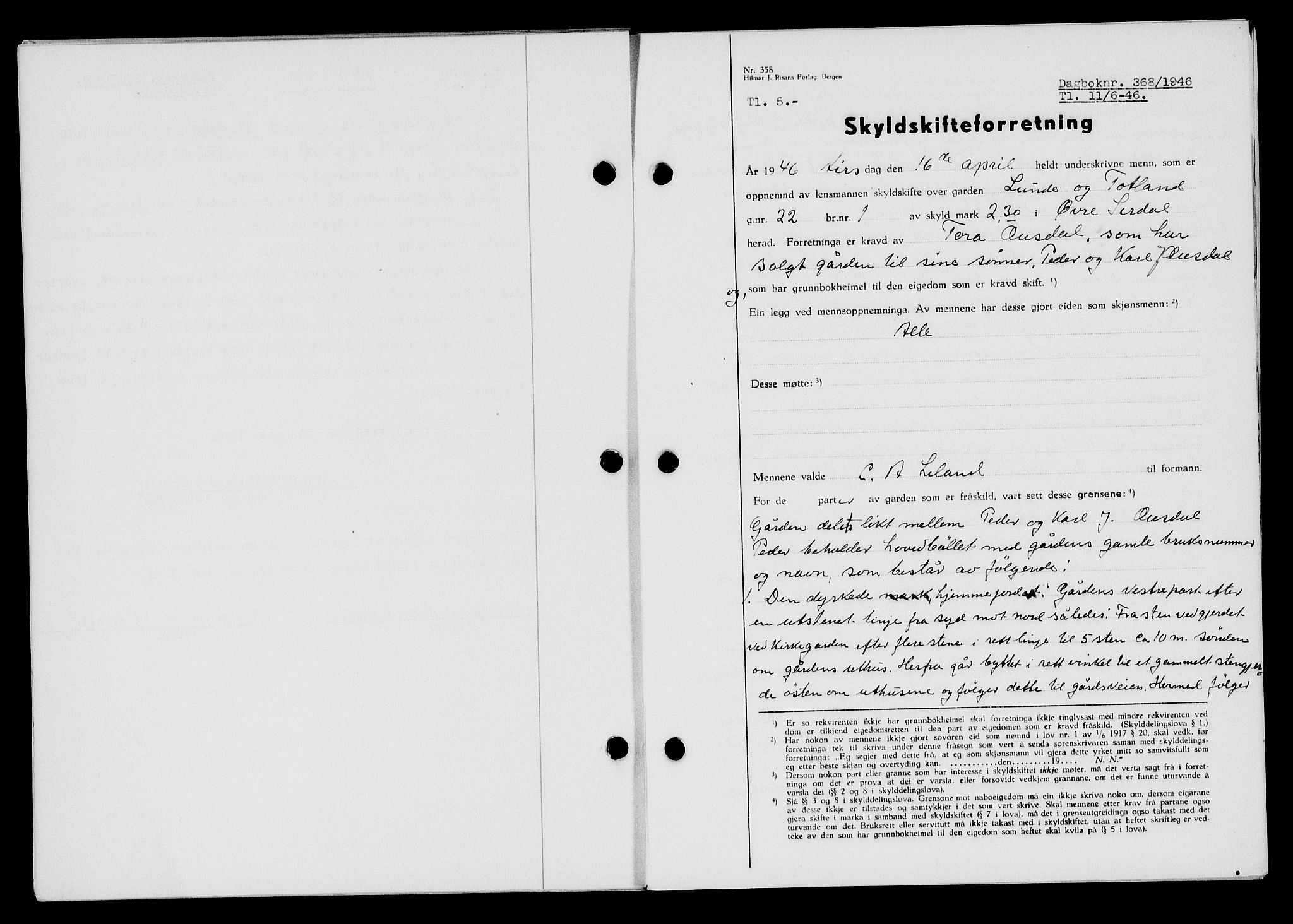 Flekkefjord sorenskriveri, SAK/1221-0001/G/Gb/Gba/L0060: Mortgage book no. A-8, 1945-1946, Diary no: : 368/1946