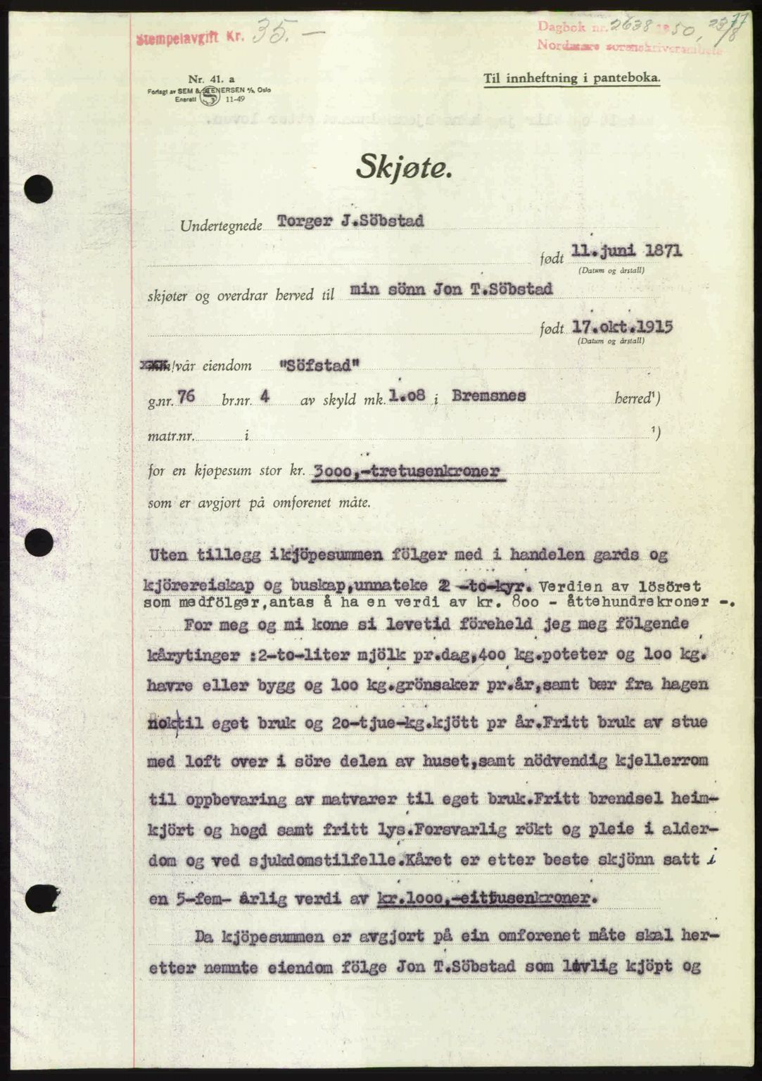 Nordmøre sorenskriveri, AV/SAT-A-4132/1/2/2Ca: Mortgage book no. A116, 1950-1950, Diary no: : 2638/1950