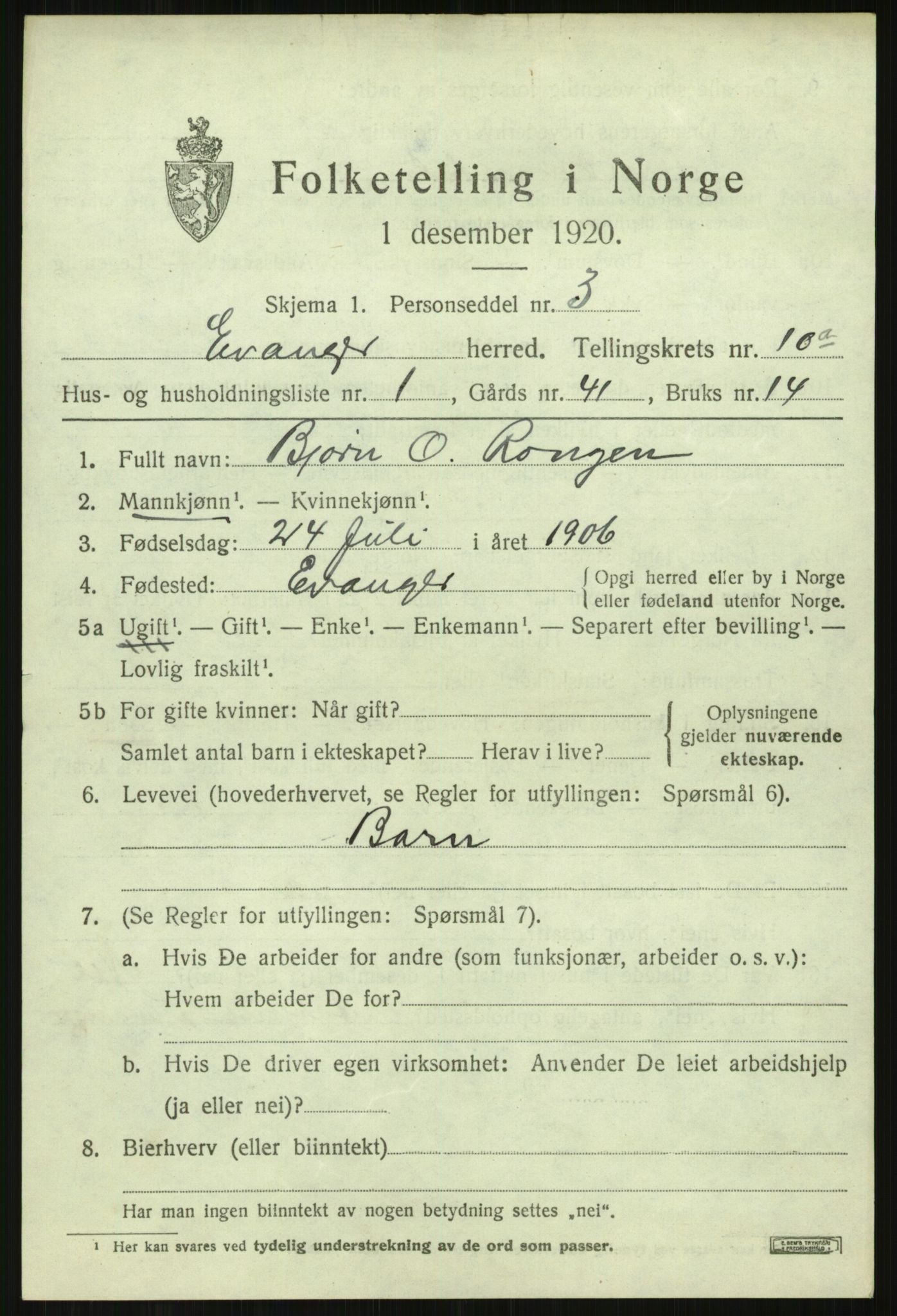 SAB, 1920 census for Evanger, 1920, p. 3027