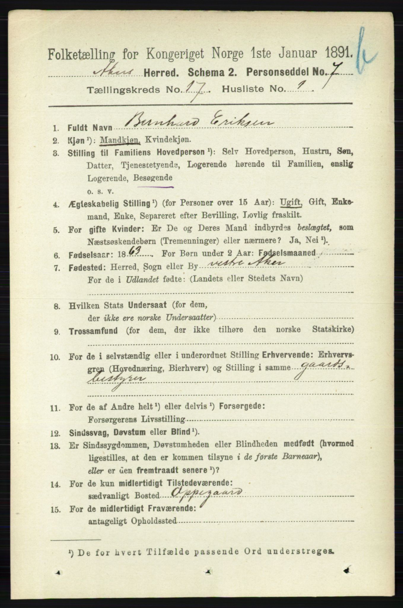 RA, 1891 census for 0218 Aker, 1891, p. 15855