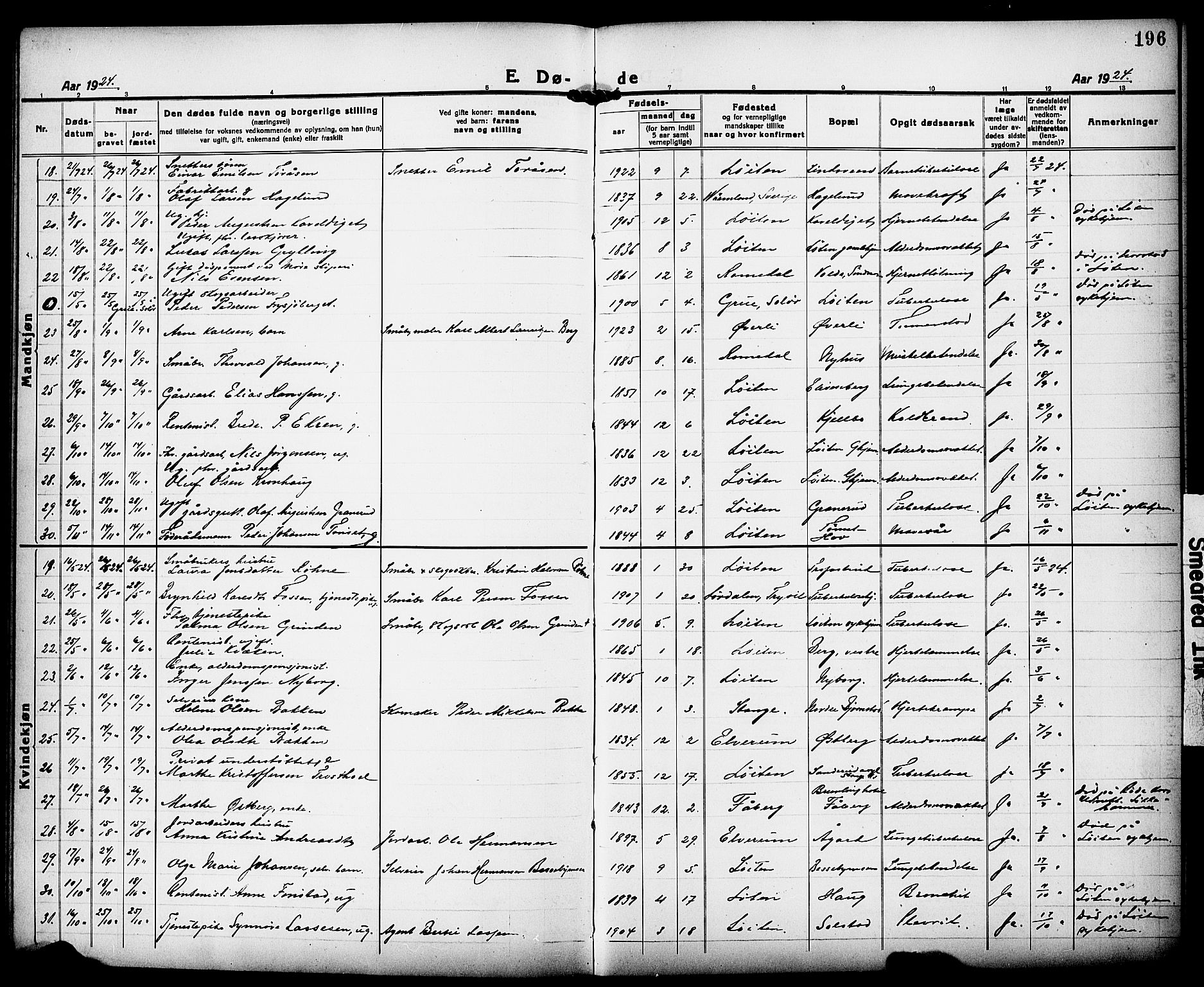 Løten prestekontor, AV/SAH-PREST-022/L/La/L0008: Parish register (copy) no. 8, 1920-1929, p. 196