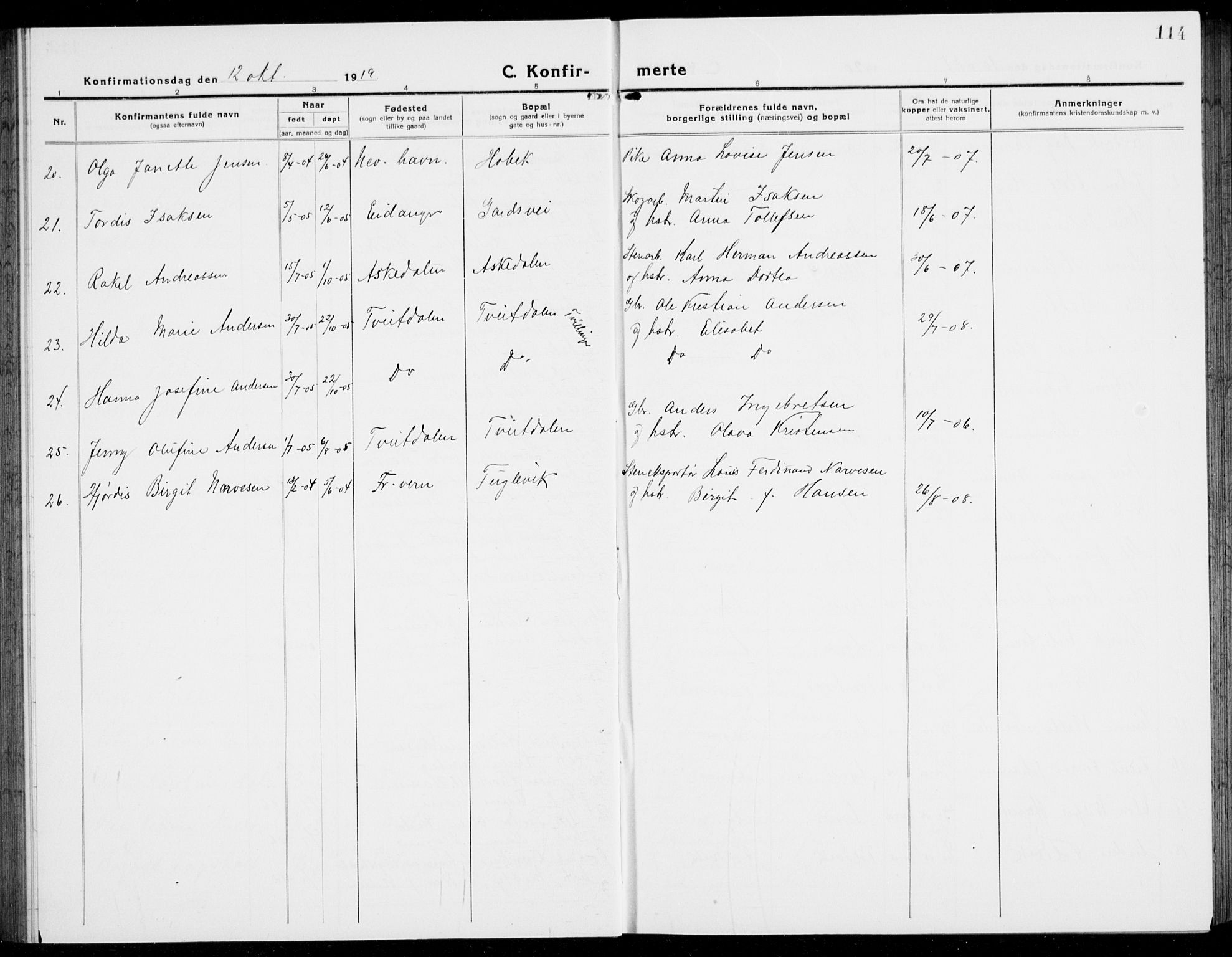 Brunlanes kirkebøker, SAKO/A-342/G/Ga/L0005: Parish register (copy) no. I 5, 1918-1941, p. 114