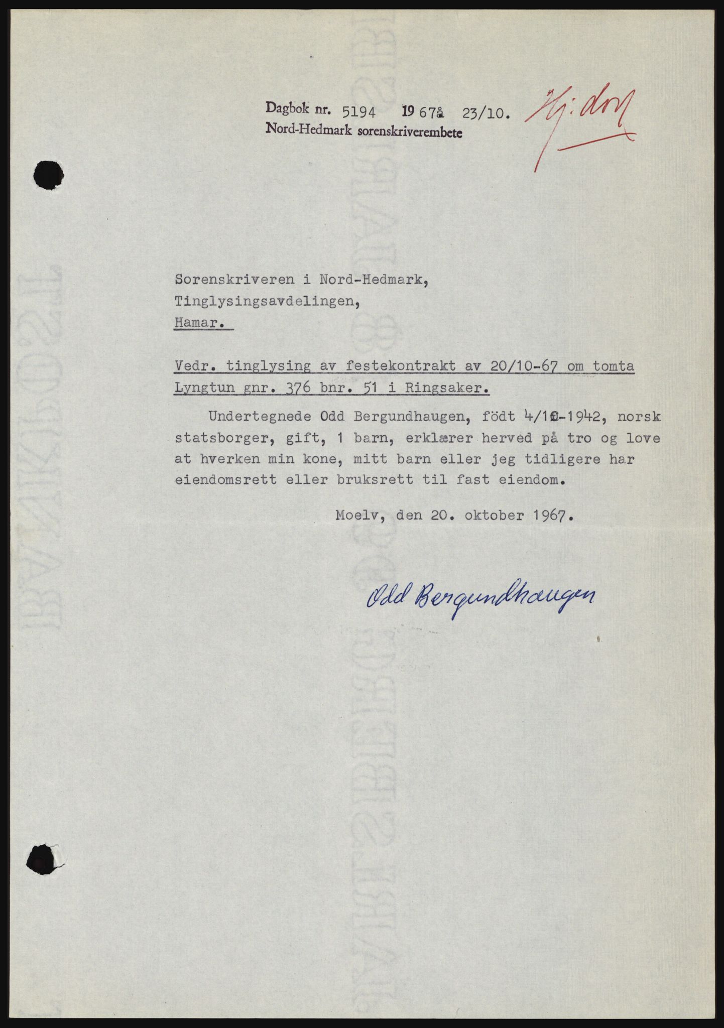 Nord-Hedmark sorenskriveri, AV/SAH-TING-012/H/Hc/L0026: Mortgage book no. 26, 1967-1967, Diary no: : 5194/1967