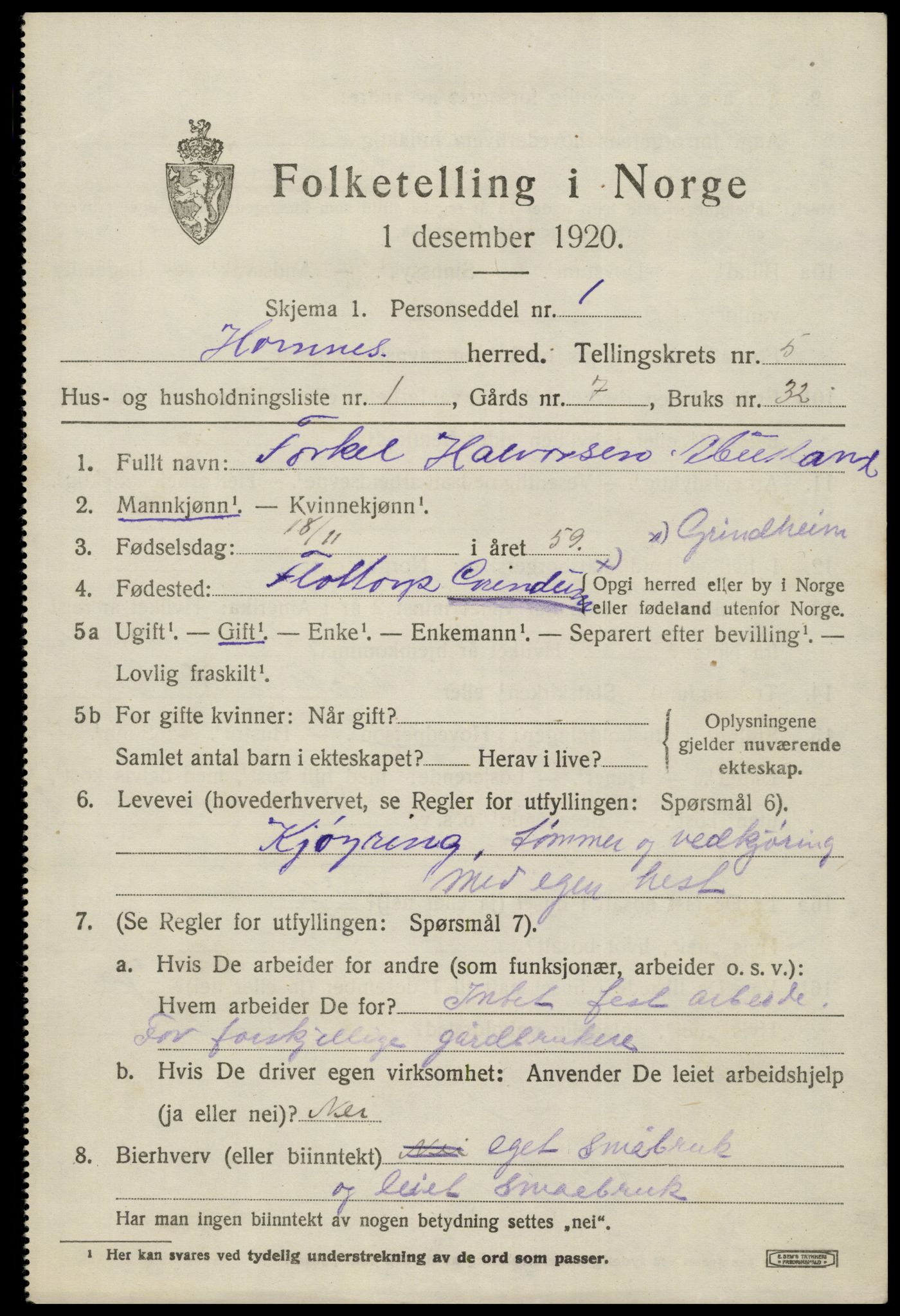 SAK, 1920 census for Hornnes, 1920, p. 1335