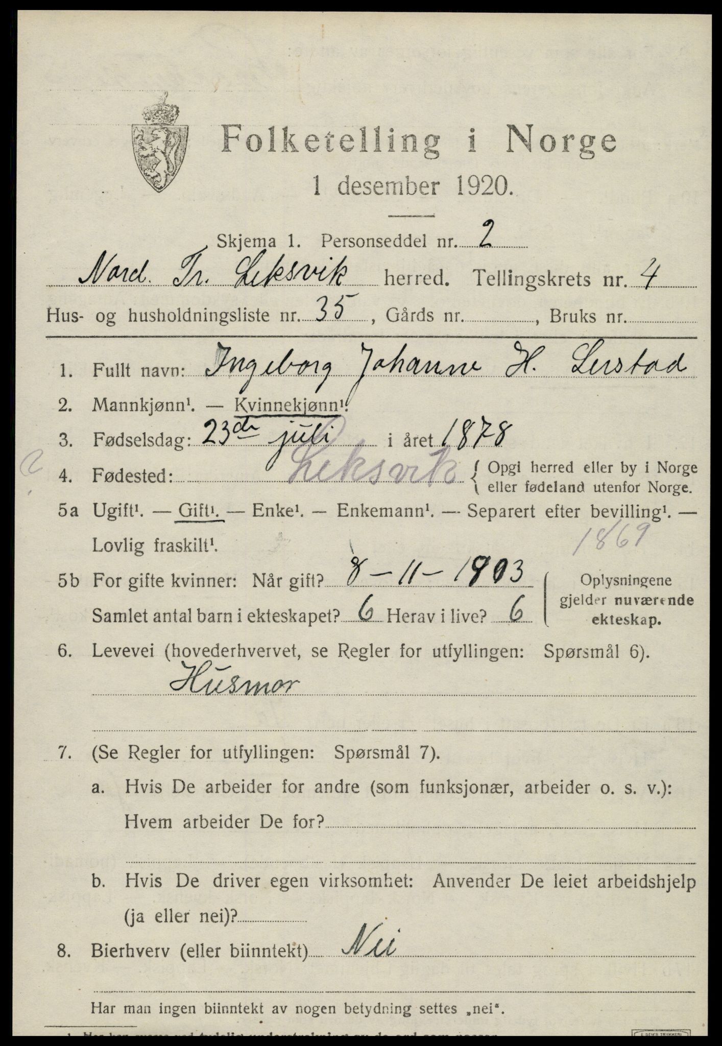 SAT, 1920 census for Leksvik, 1920, p. 3944