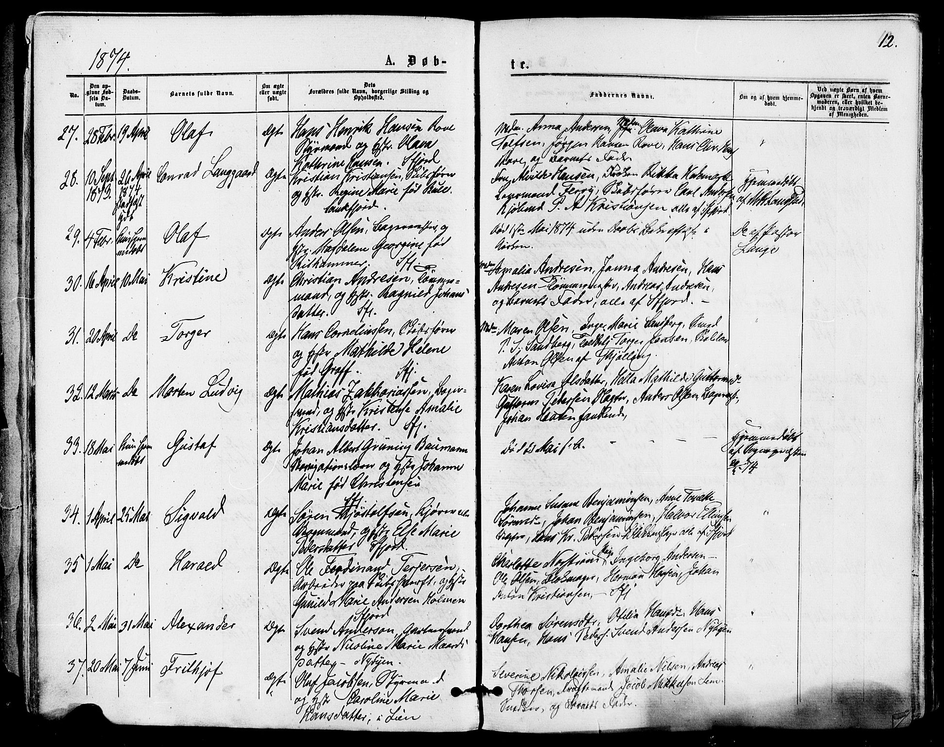 Sandefjord kirkebøker, SAKO/A-315/F/Fa/L0001: Parish register (official) no. 1, 1873-1879, p. 12