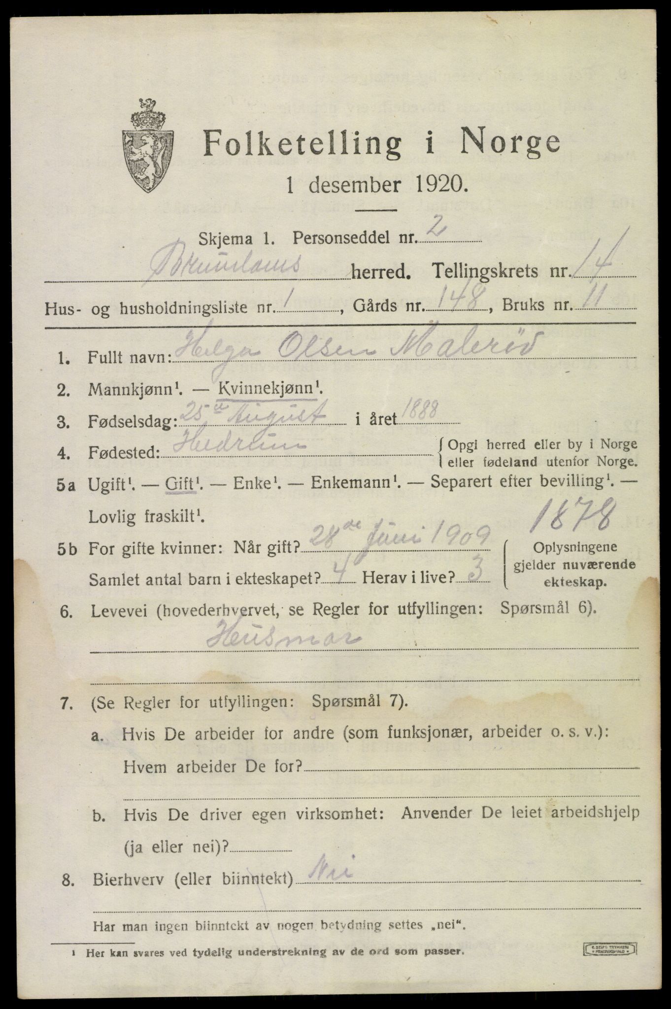 SAKO, 1920 census for Brunlanes, 1920, p. 11345