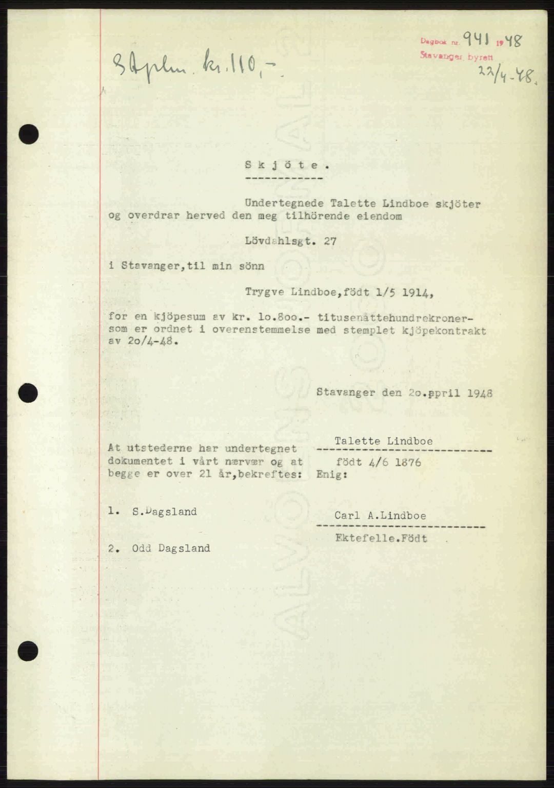 Stavanger byrett, SAST/A-100455/002/G/Gb/L0022: Mortgage book no. A11, 1947-1948, Diary no: : 941/1948