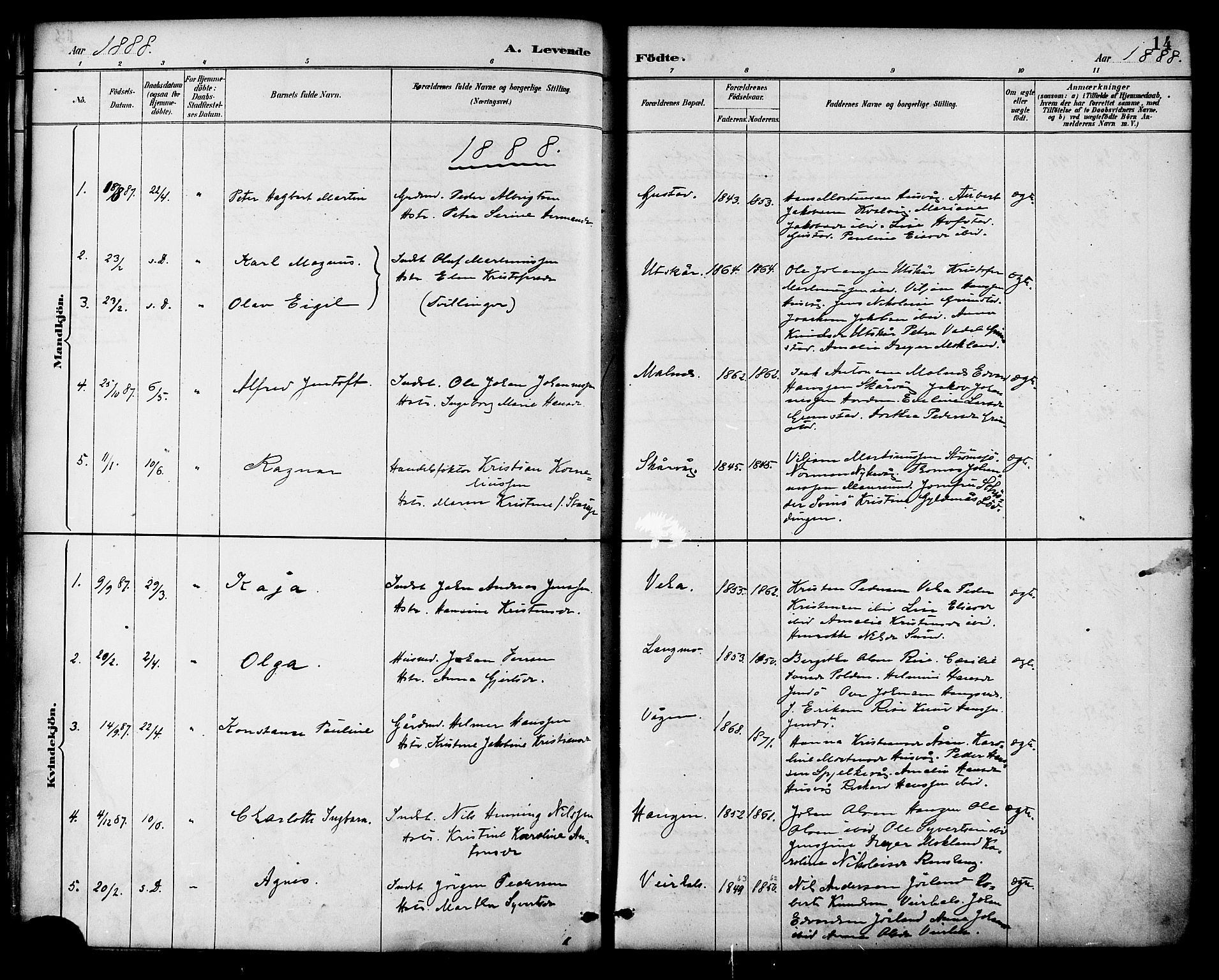 Ministerialprotokoller, klokkerbøker og fødselsregistre - Nordland, AV/SAT-A-1459/892/L1320: Parish register (official) no. 892A01, 1886-1901, p. 14