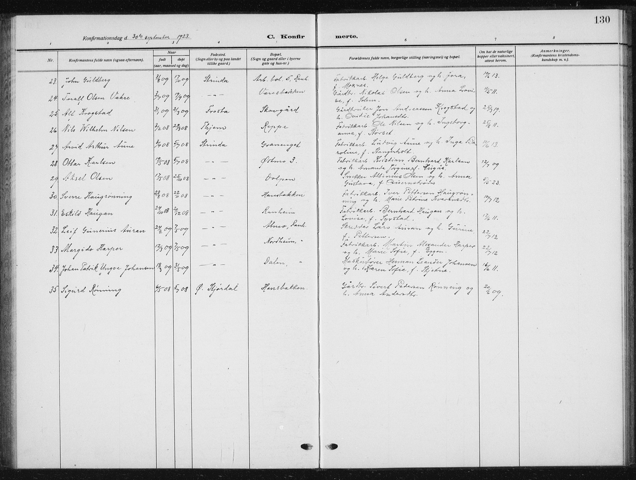 Ministerialprotokoller, klokkerbøker og fødselsregistre - Sør-Trøndelag, SAT/A-1456/615/L0401: Parish register (copy) no. 615C02, 1922-1941, p. 130