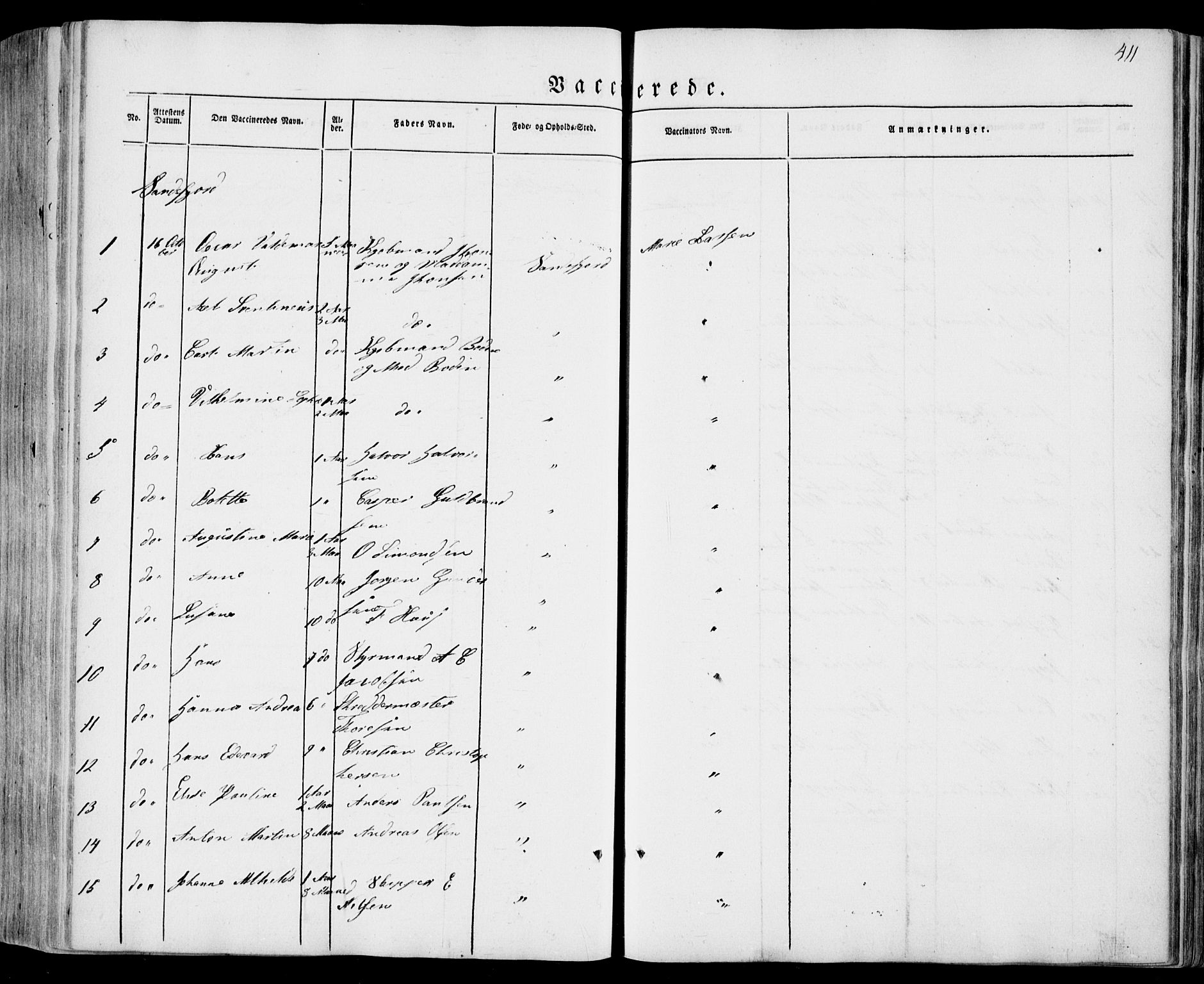 Sandar kirkebøker, AV/SAKO-A-243/F/Fa/L0006: Parish register (official) no. 6, 1847-1860, p. 411