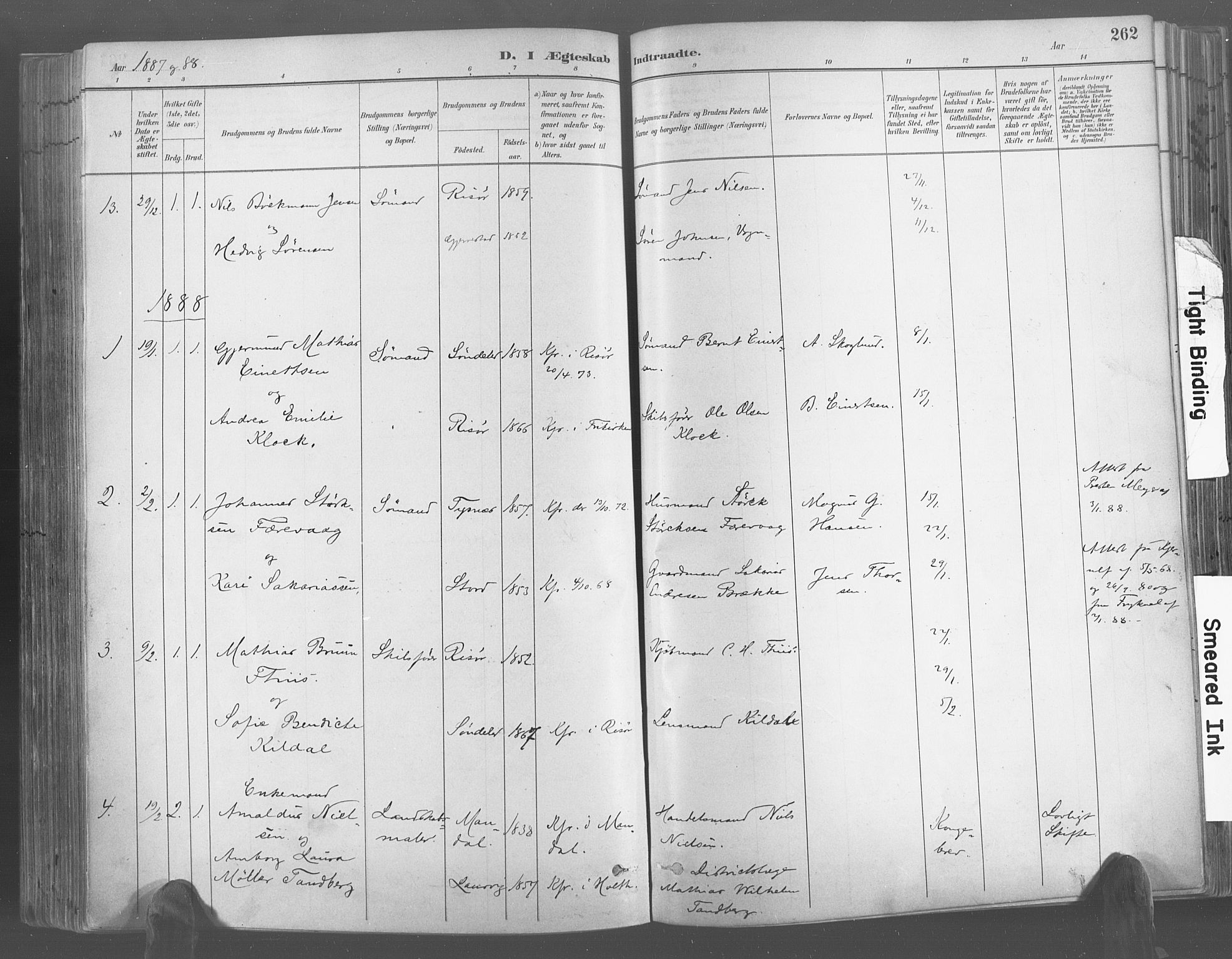 Risør sokneprestkontor, SAK/1111-0035/F/Fa/L0005: Parish register (official) no. A 5, 1883-1895, p. 262