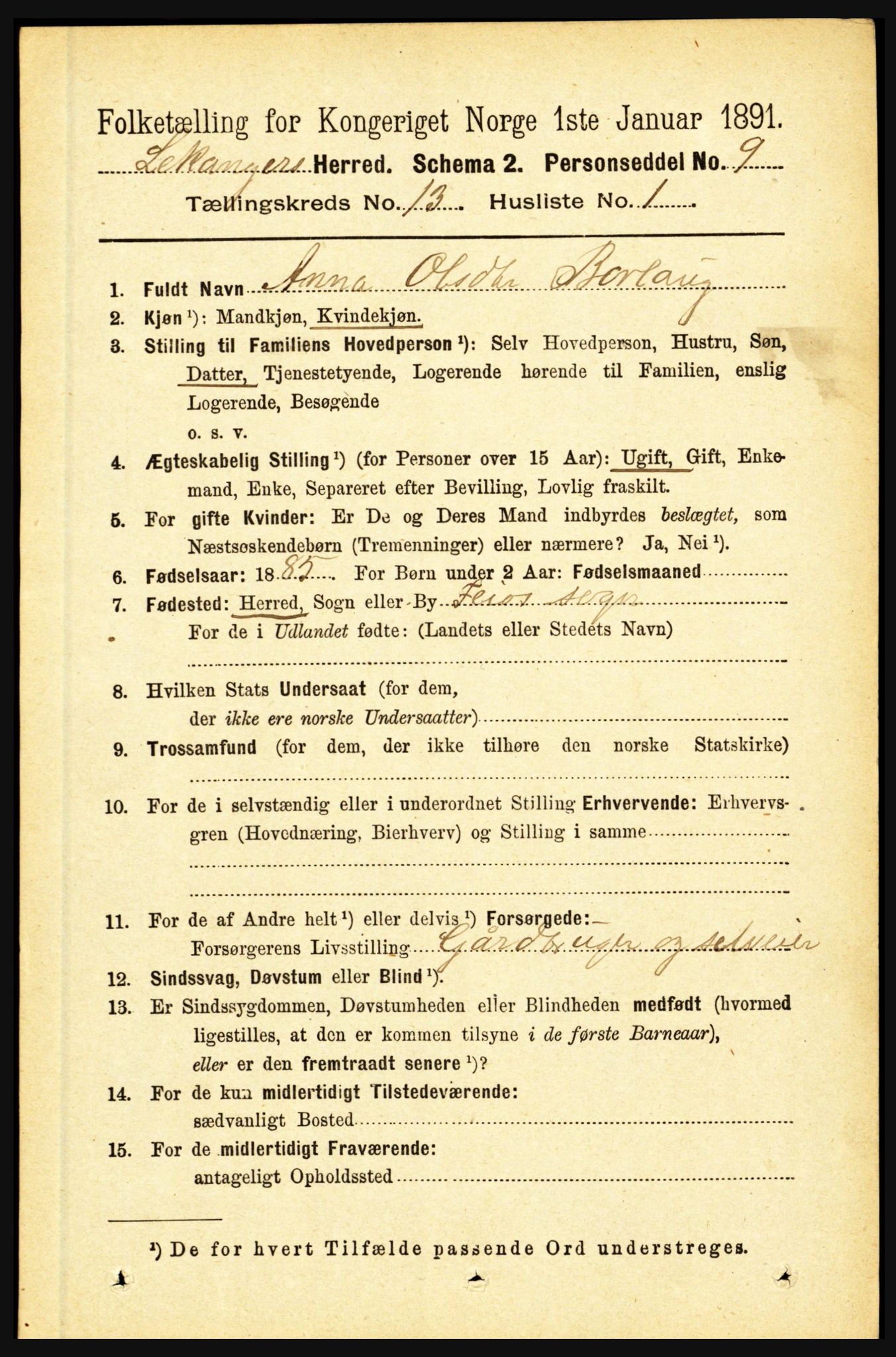 RA, 1891 census for 1419 Leikanger, 1891, p. 2463