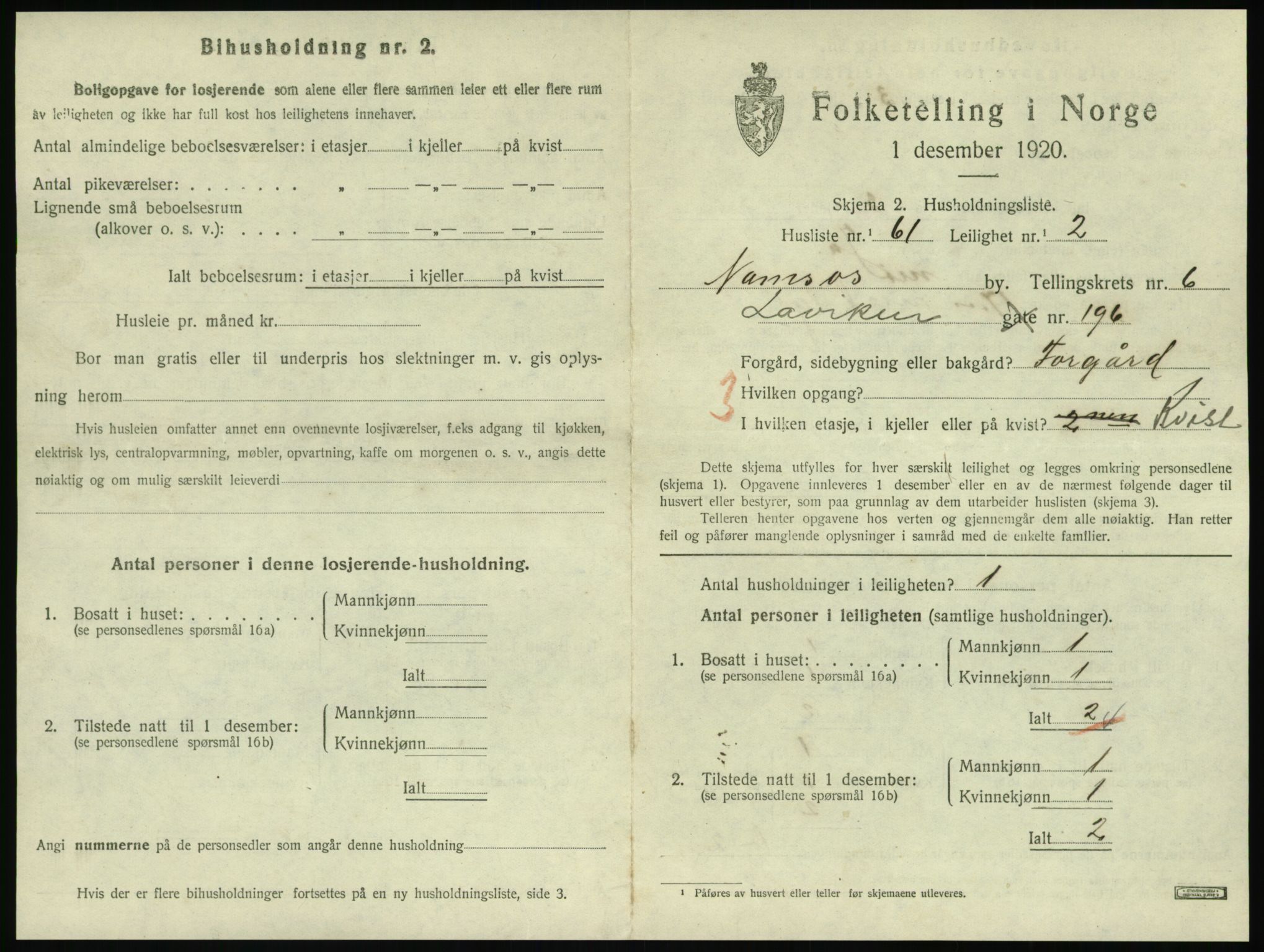 SAT, 1920 census for Namsos, 1920, p. 2011