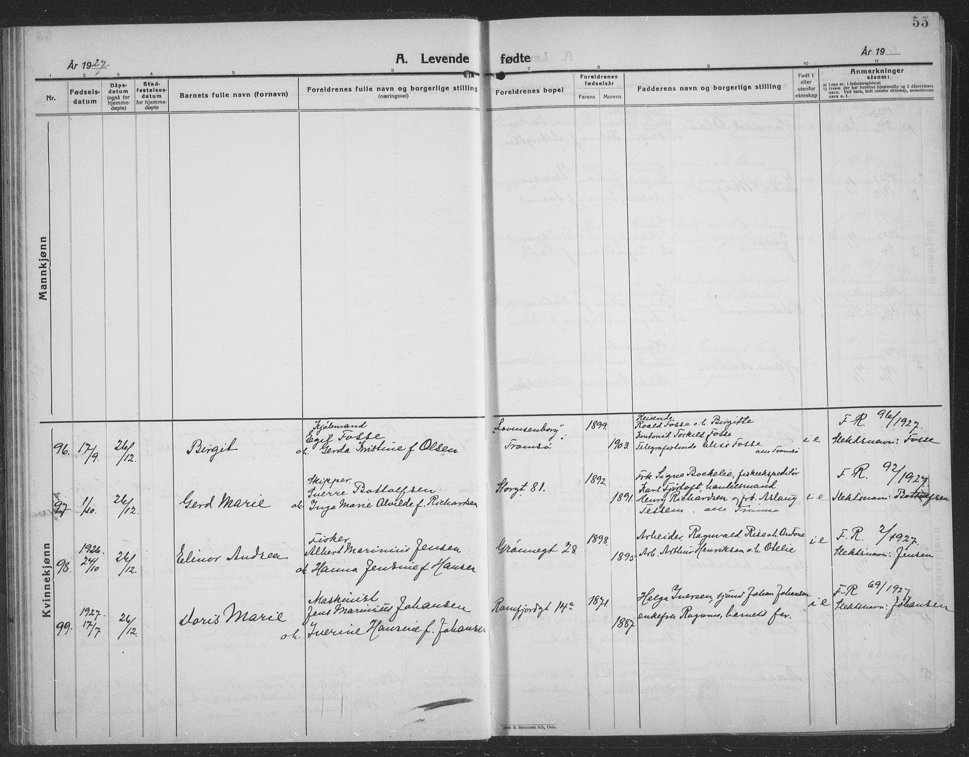 Tromsø sokneprestkontor/stiftsprosti/domprosti, AV/SATØ-S-1343/G/Gb/L0010klokker: Parish register (copy) no. 10, 1925-1937, p. 55