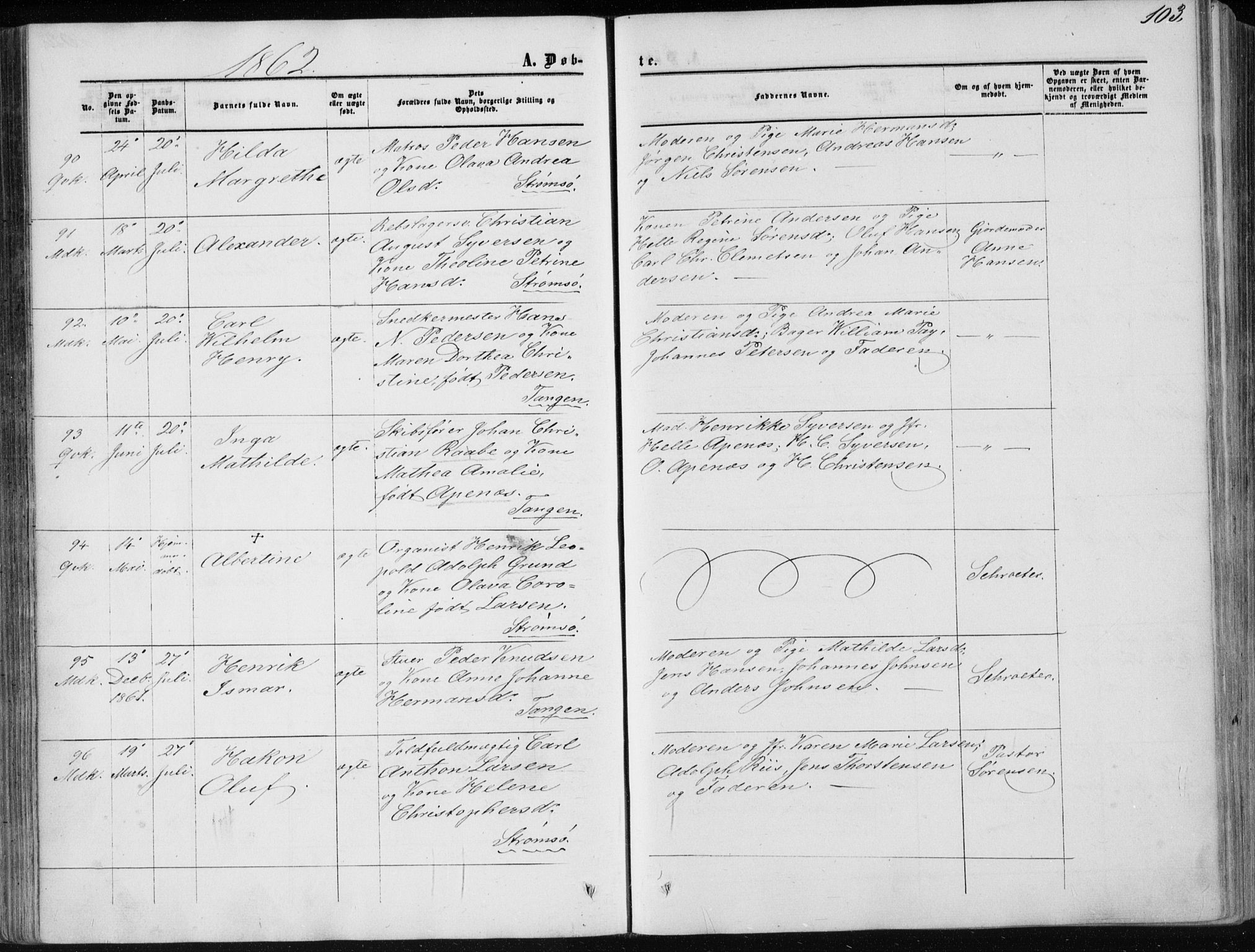 Strømsø kirkebøker, AV/SAKO-A-246/F/Fa/L0015: Parish register (official) no. I 15, 1859-1868, p. 103