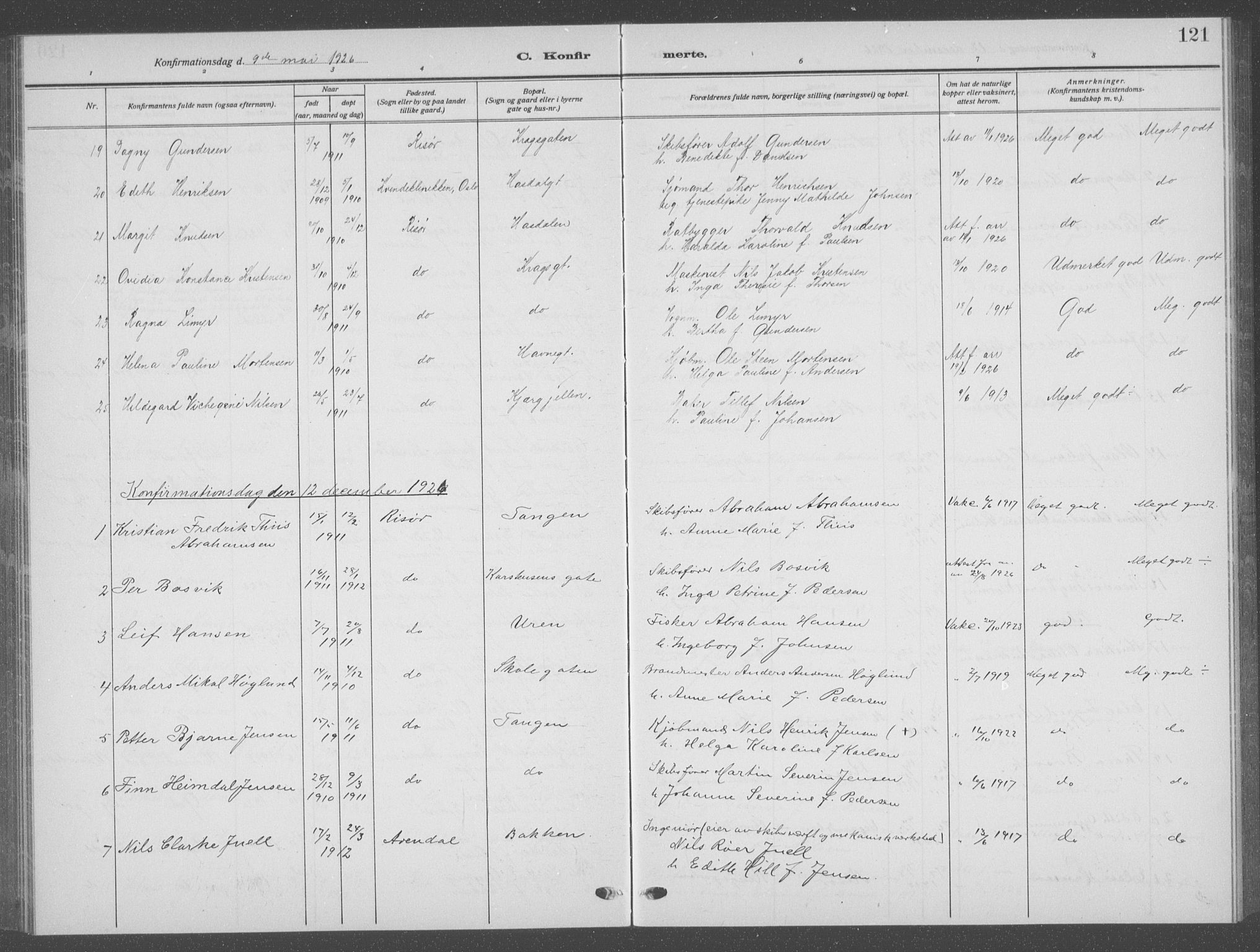 Risør sokneprestkontor, AV/SAK-1111-0035/F/Fb/L0009: Parish register (copy) no. B 9, 1922-1939, p. 121