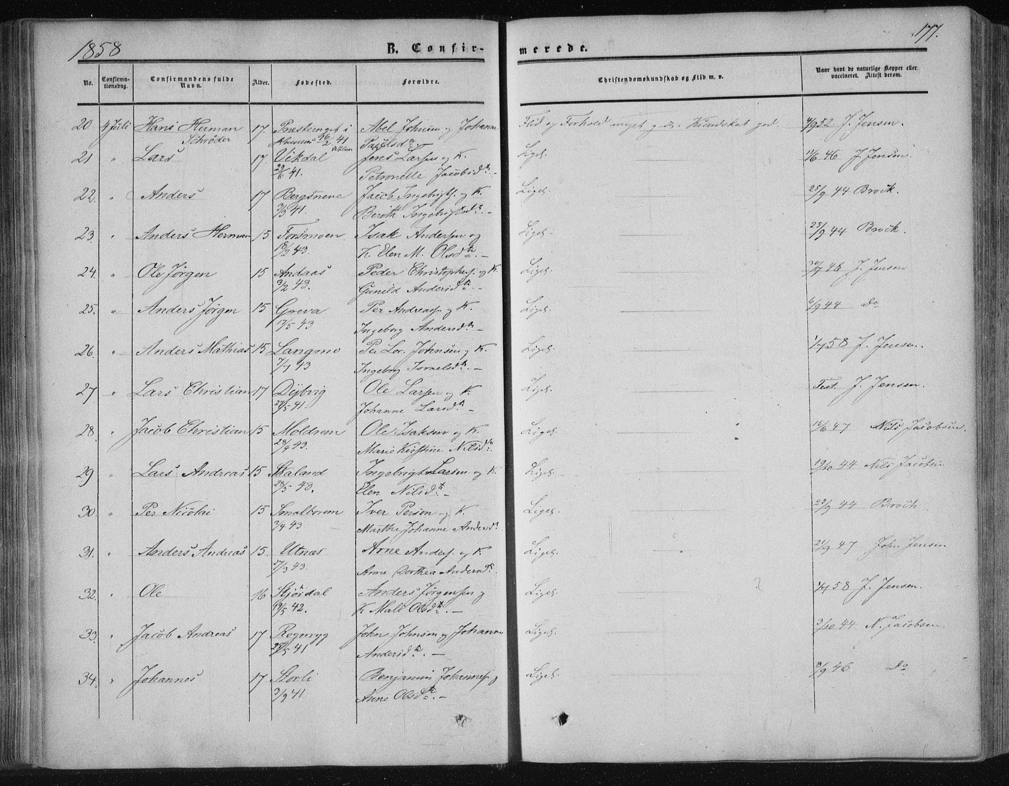 Ministerialprotokoller, klokkerbøker og fødselsregistre - Nordland, AV/SAT-A-1459/820/L0293: Parish register (official) no. 820A14, 1855-1865, p. 177