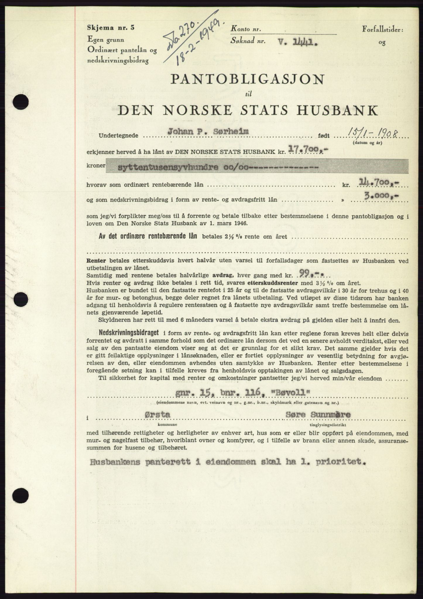 Søre Sunnmøre sorenskriveri, AV/SAT-A-4122/1/2/2C/L0116: Mortgage book no. 4B, 1948-1949, Diary no: : 270/1949