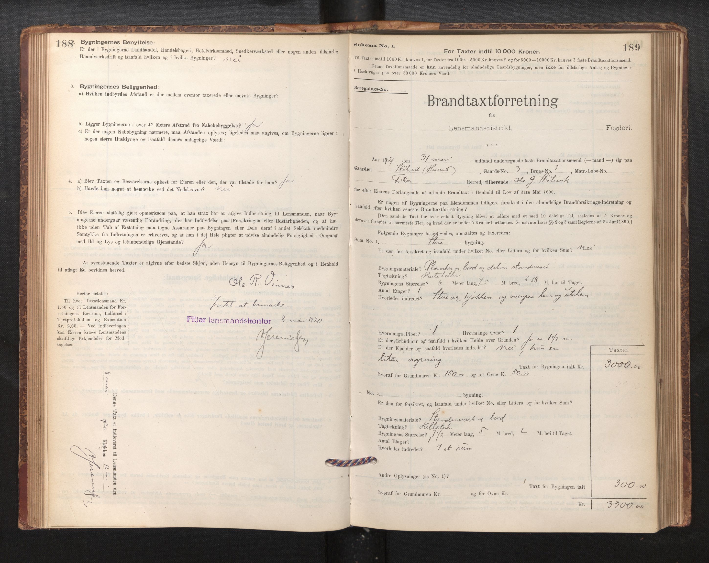 Lensmannen i Fitjar, SAB/A-32001/0012/L0001: Branntakstprotokoll, skjematakst, 1895-1948, p. 188-189
