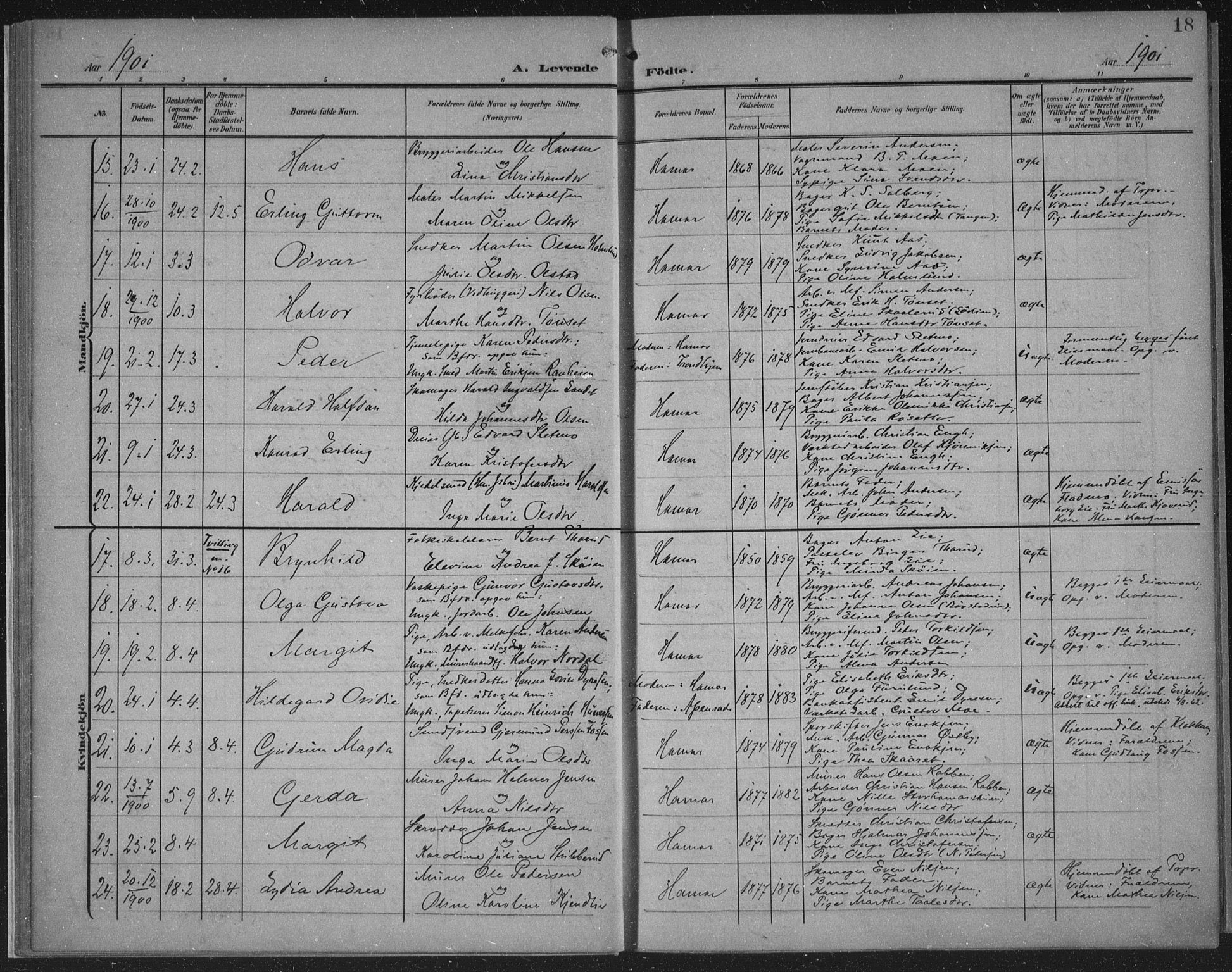 Hamar prestekontor, AV/SAH-DOMPH-002/H/Ha/Haa/L0001: Parish register (official) no. 1, 1900-1914, p. 18