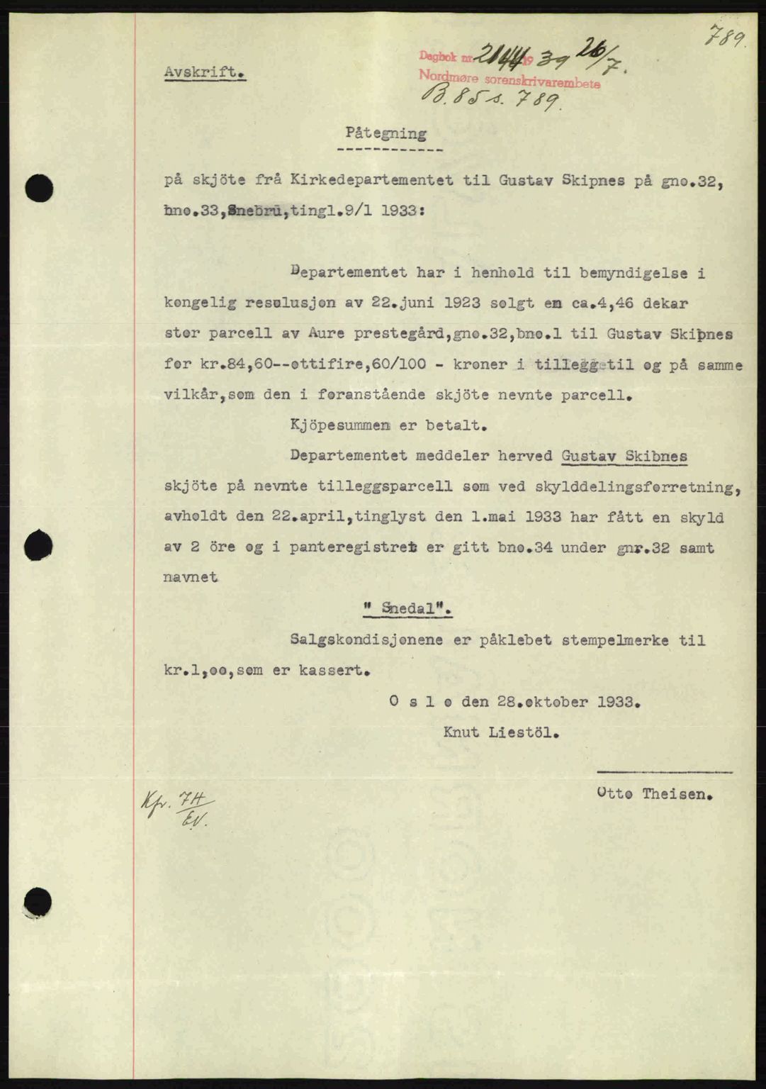 Nordmøre sorenskriveri, AV/SAT-A-4132/1/2/2Ca: Mortgage book no. B85, 1939-1939, Diary no: : 2144/1939