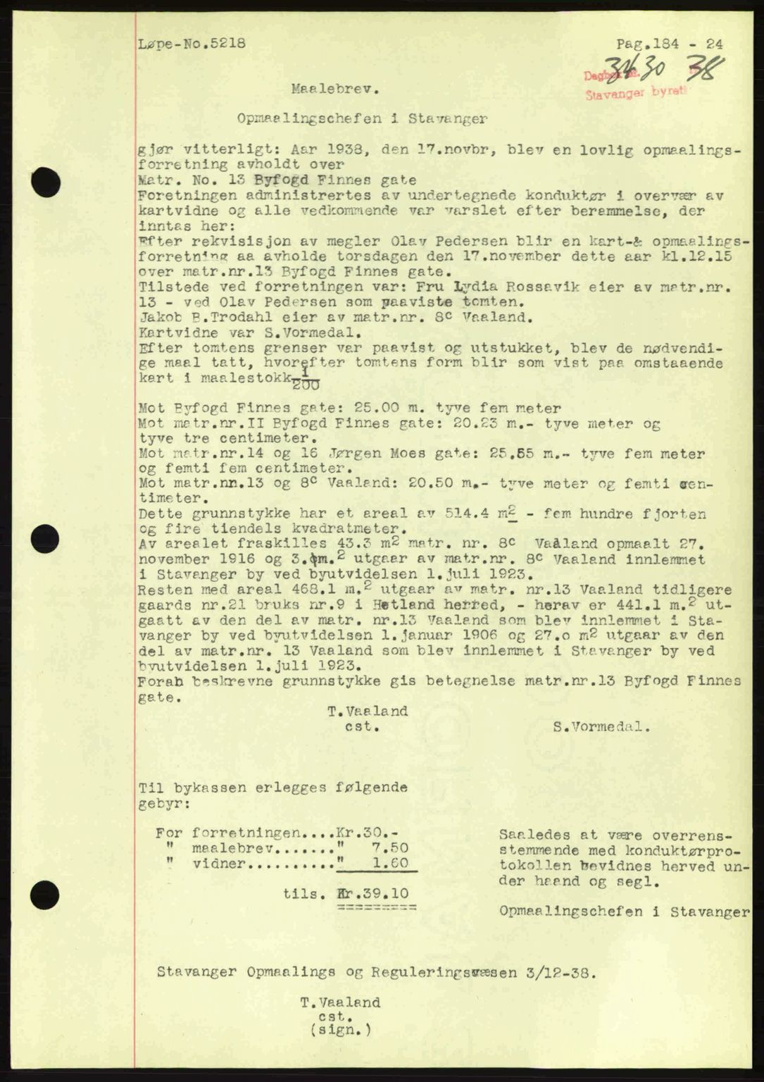 Stavanger byrett, SAST/A-100455/002/G/Gb/L0014: Mortgage book no. A4, 1938-1939, Diary no: : 3430/1938