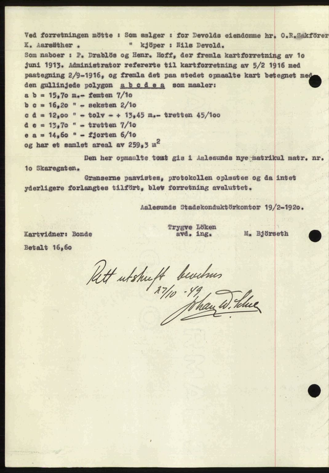 Ålesund byfogd, AV/SAT-A-4384: Mortgage book no. 37A (2), 1949-1950, Diary no: : 580/1949