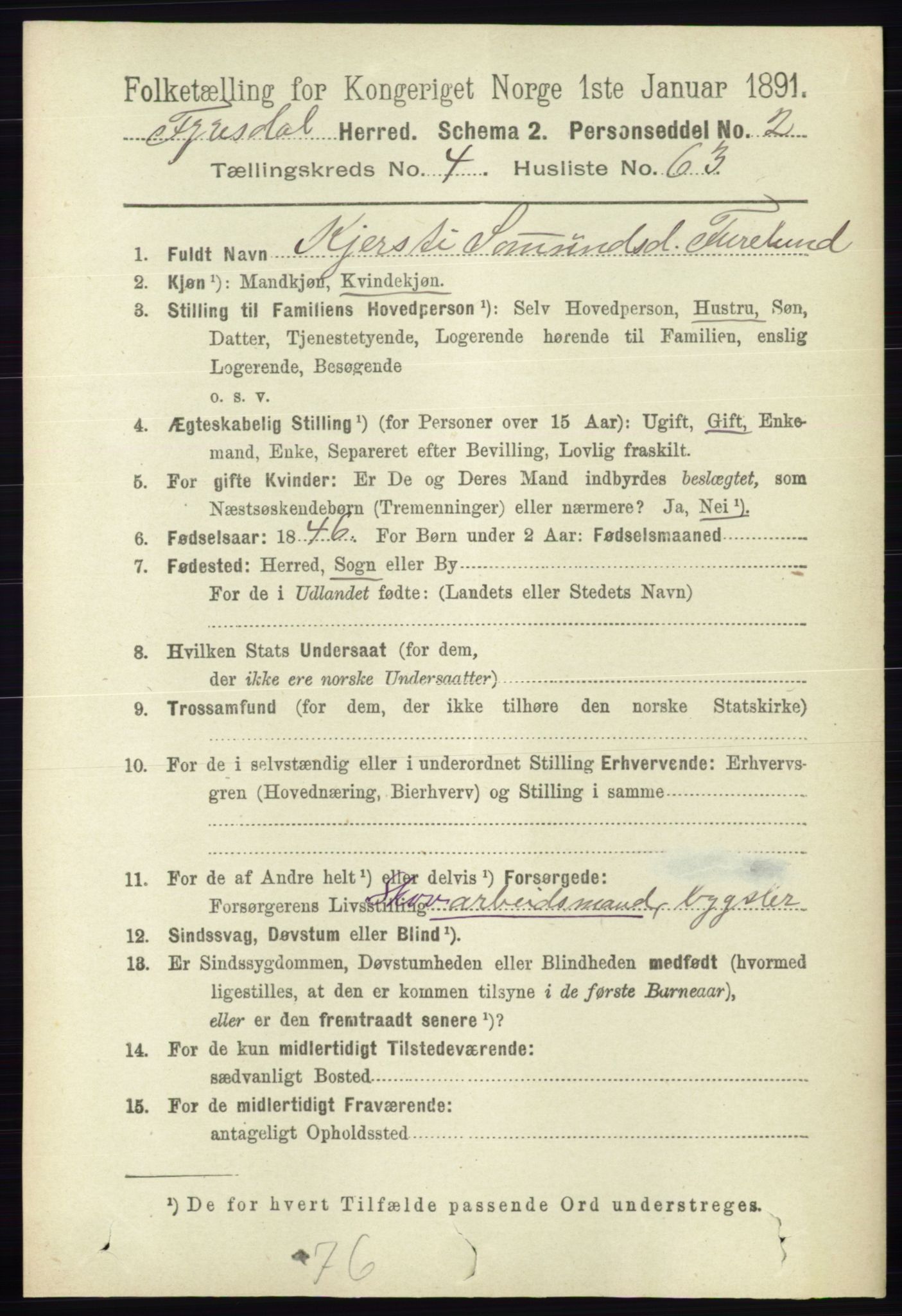 RA, 1891 census for 0831 Fyresdal, 1891, p. 1216