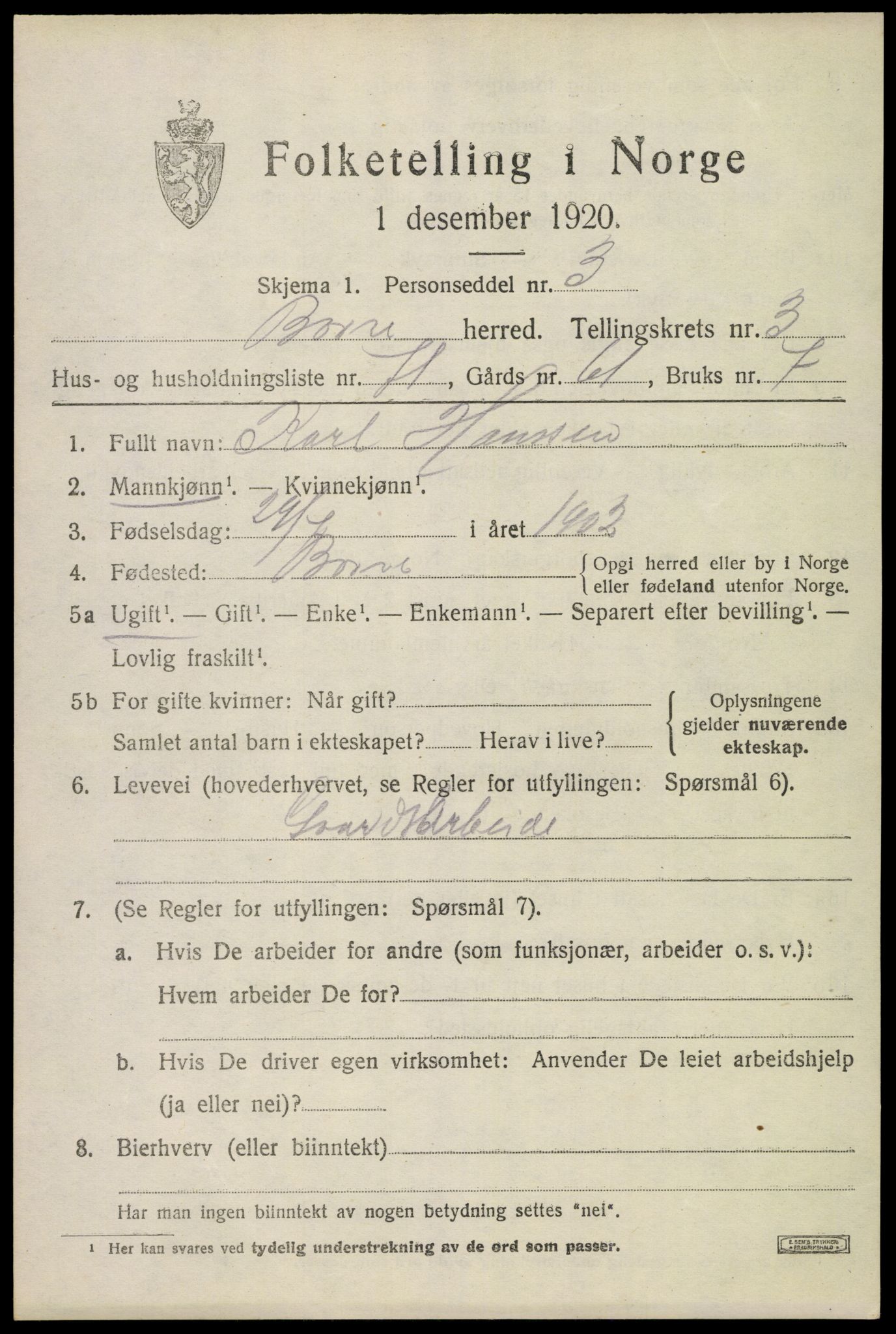 SAKO, 1920 census for Borre, 1920, p. 6936