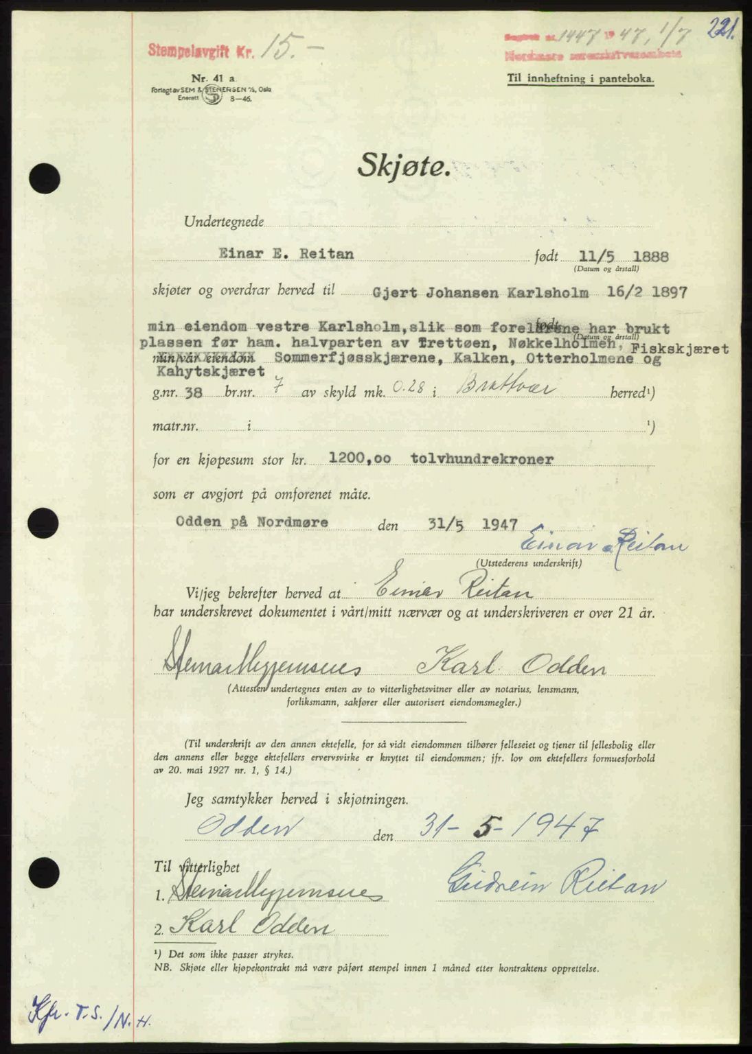 Nordmøre sorenskriveri, AV/SAT-A-4132/1/2/2Ca: Mortgage book no. A105, 1947-1947, Diary no: : 1447/1947