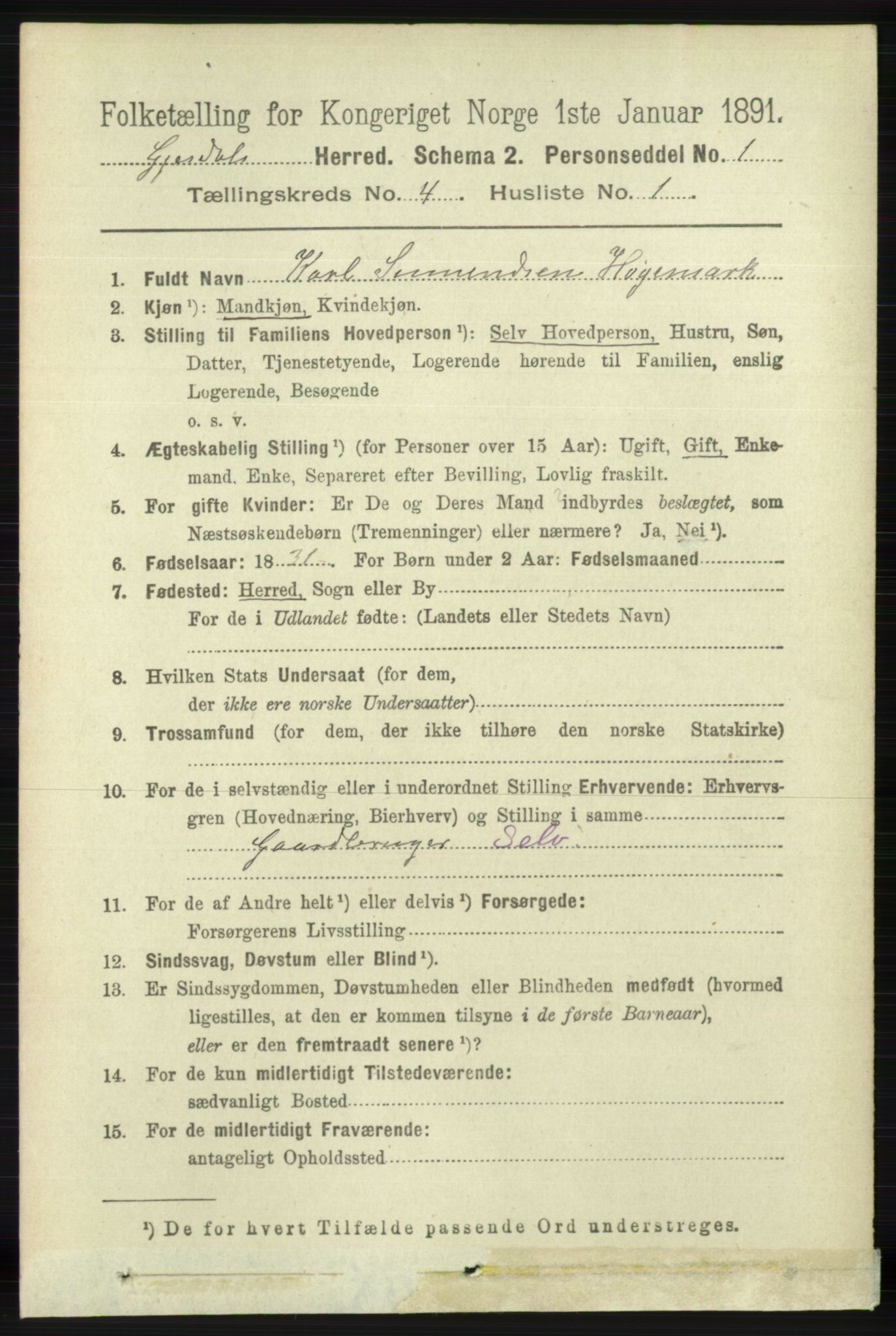 RA, 1891 census for 1122 Gjesdal, 1891, p. 1182