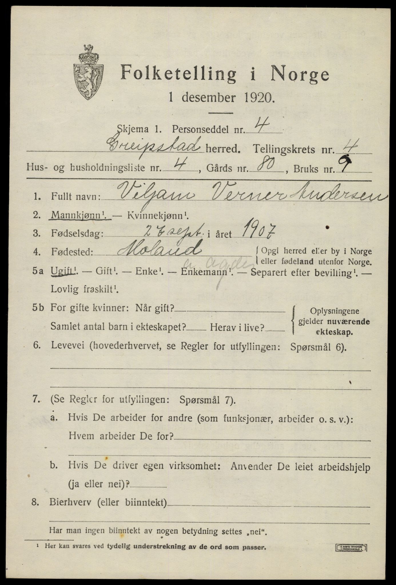 SAK, 1920 census for Greipstad, 1920, p. 1540