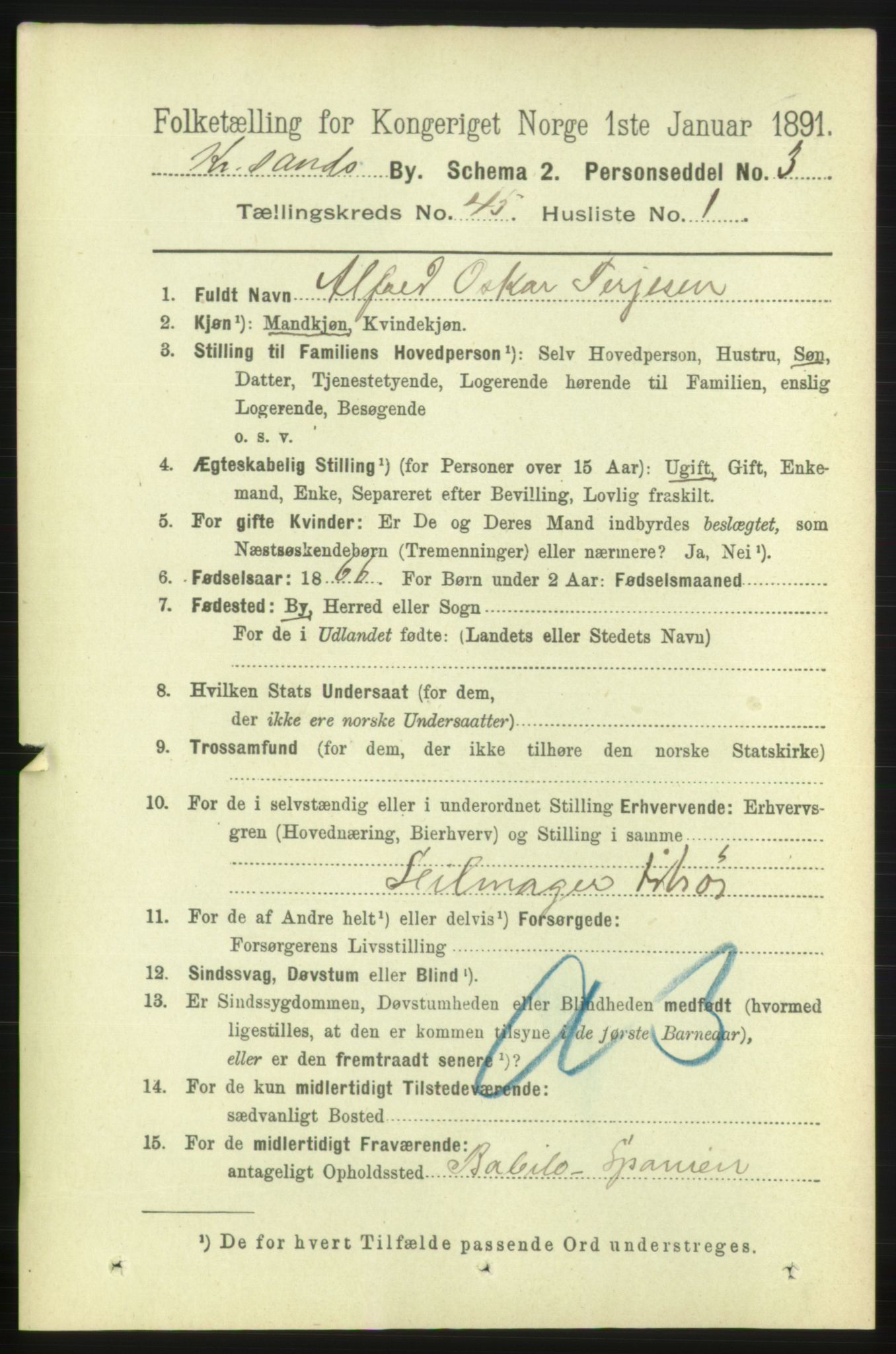 RA, 1891 census for 1001 Kristiansand, 1891, p. 13910