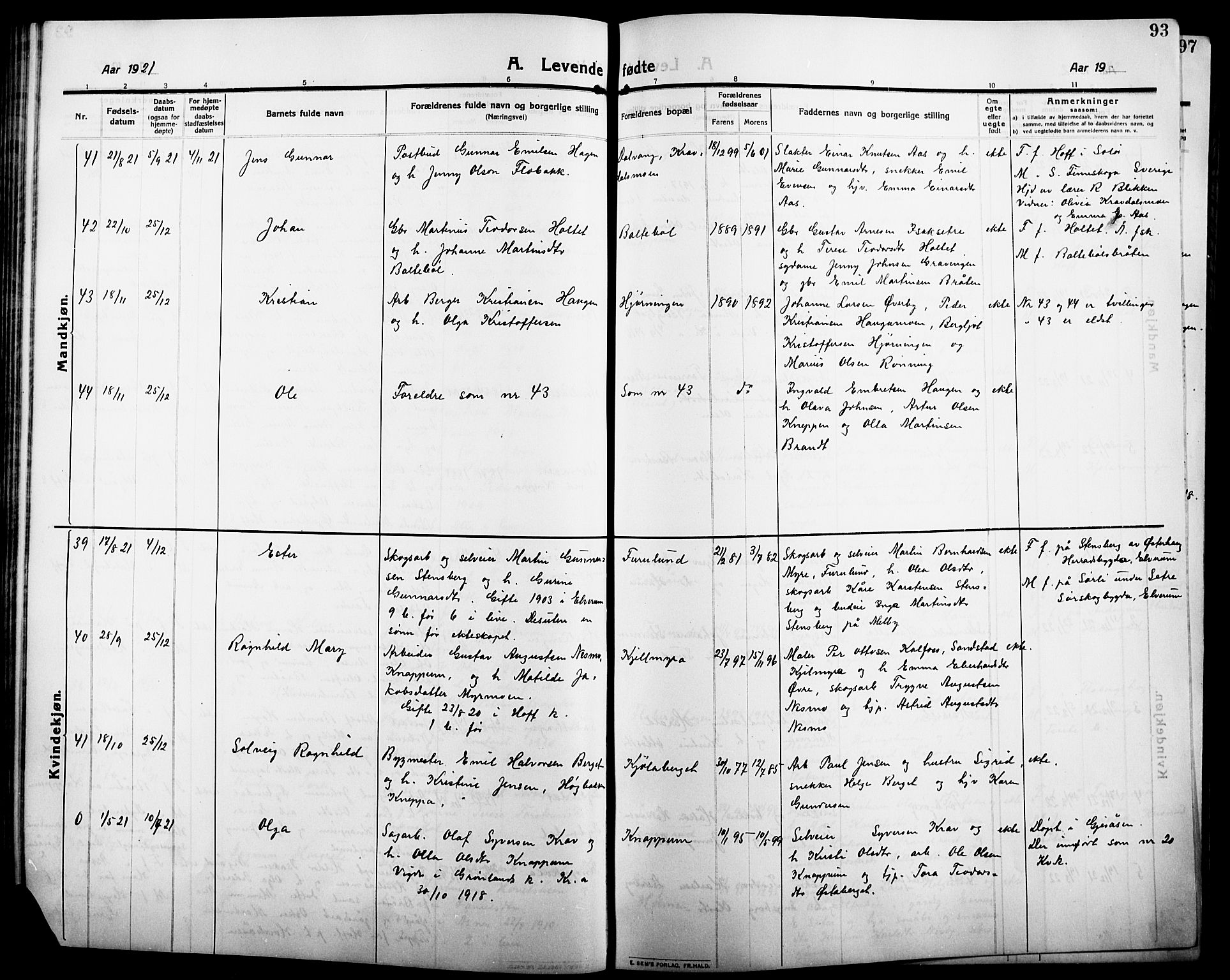 Åsnes prestekontor, SAH/PREST-042/H/Ha/Hab/L0007: Parish register (copy) no. 7, 1909-1926, p. 93