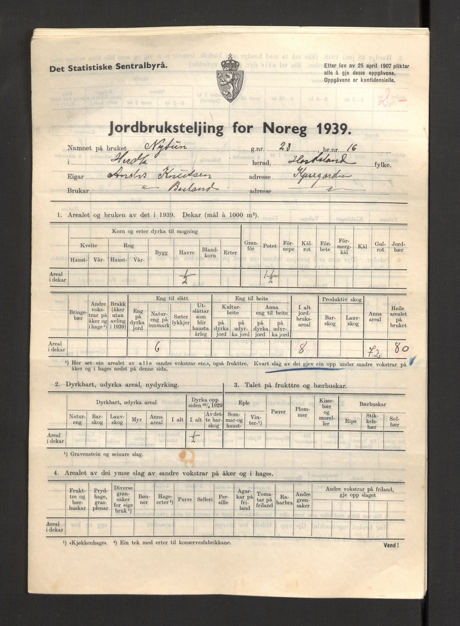 Statistisk sentralbyrå, Næringsøkonomiske emner, Jordbruk, skogbruk, jakt, fiske og fangst, AV/RA-S-2234/G/Gb/L0211: Hordaland: Herdla, Hjelme og Manger, 1939, p. 227