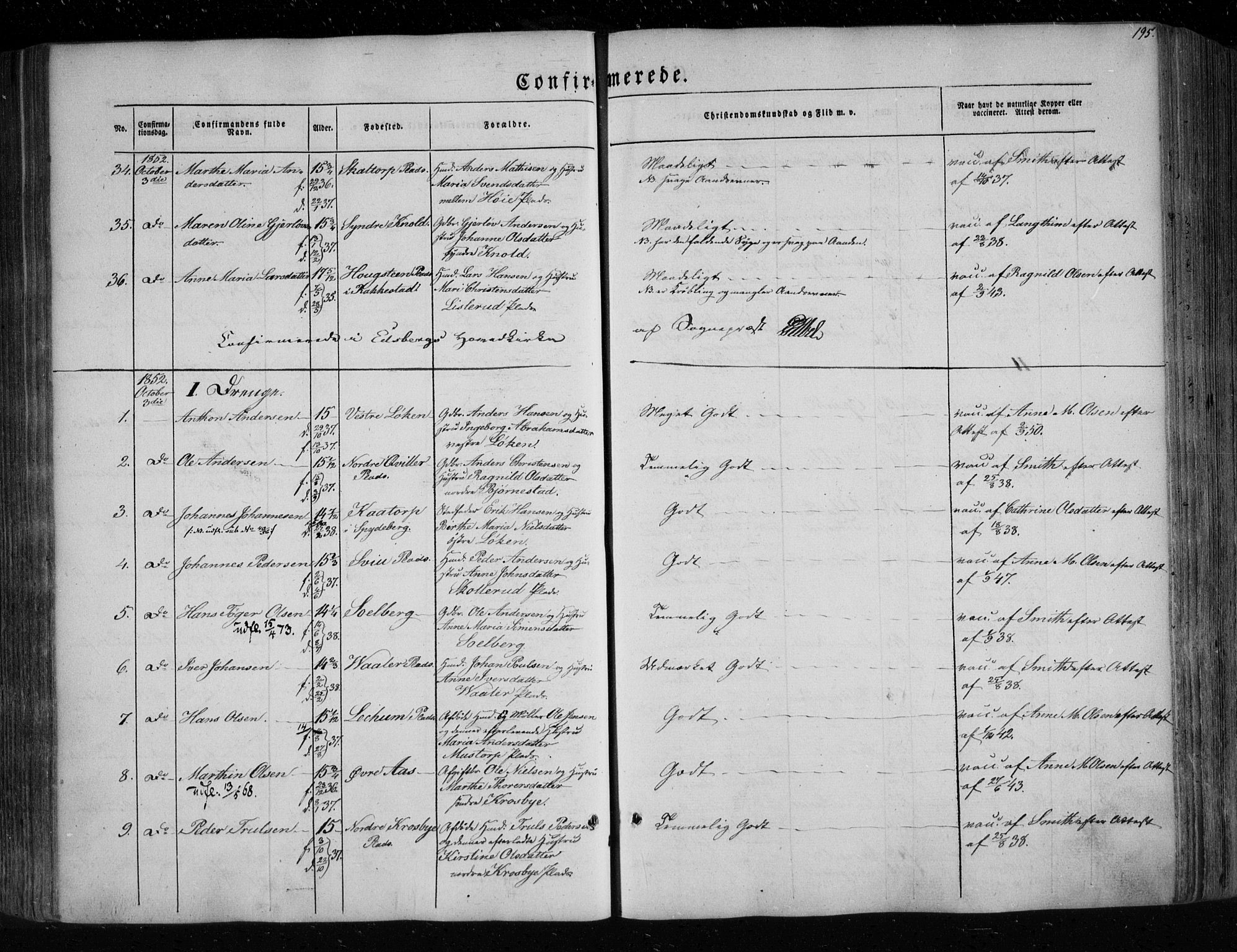 Eidsberg prestekontor Kirkebøker, AV/SAO-A-10905/F/Fa/L0009: Parish register (official) no. I 9, 1849-1856, p. 195