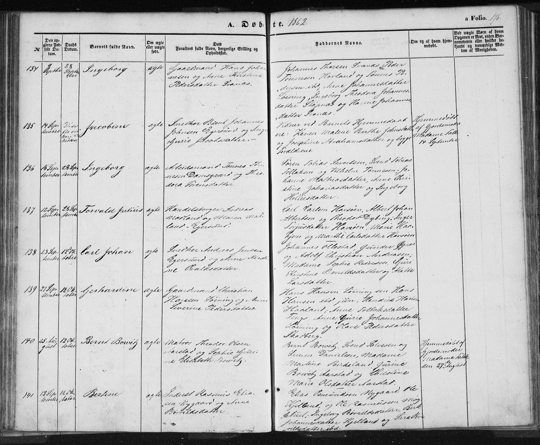 Eigersund sokneprestkontor, AV/SAST-A-101807/S08/L0012: Parish register (official) no. A 12.1, 1850-1865, p. 176