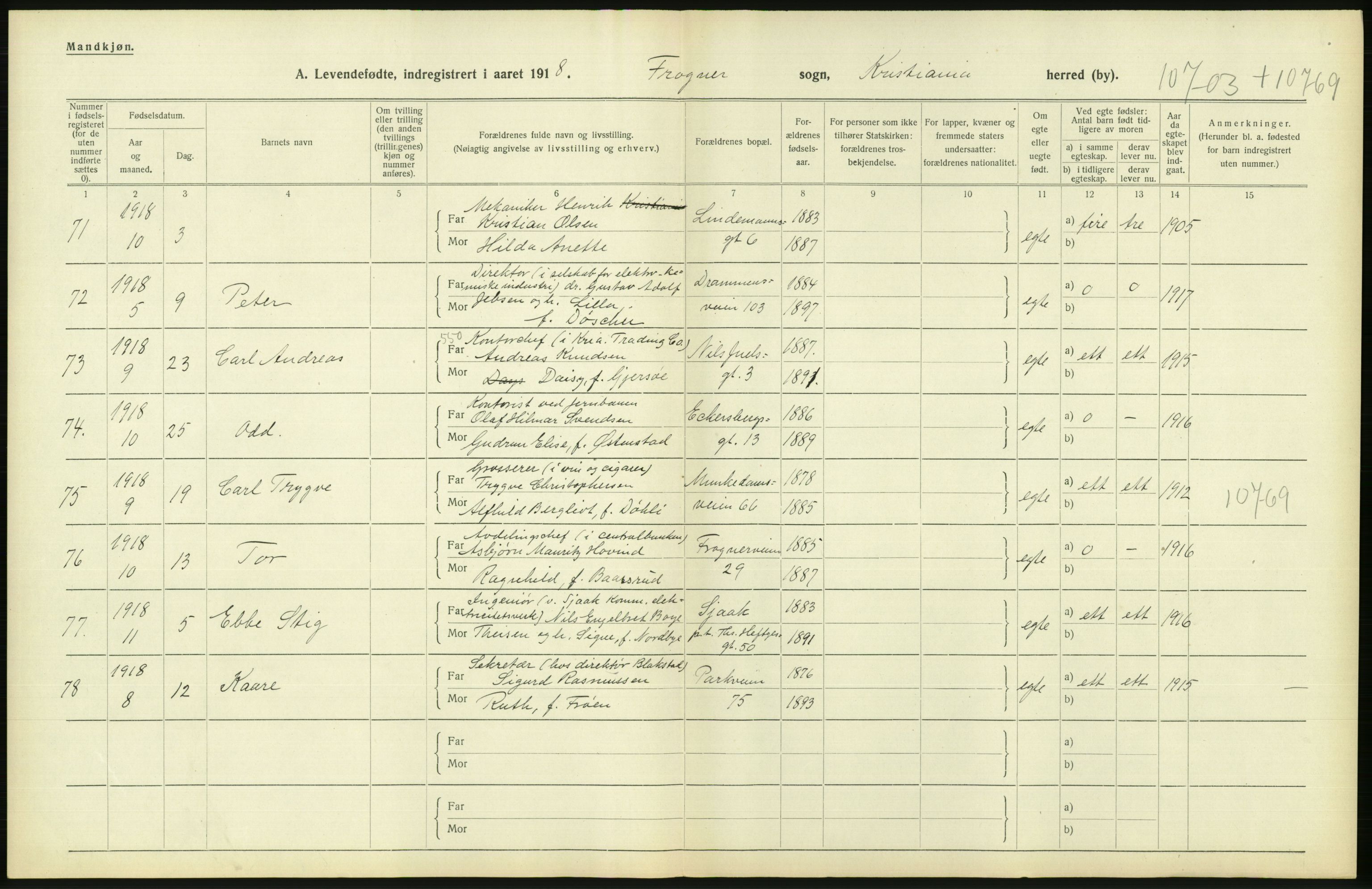 Statistisk sentralbyrå, Sosiodemografiske emner, Befolkning, AV/RA-S-2228/D/Df/Dfb/Dfbh/L0008: Kristiania: Levendefødte menn og kvinner., 1918, p. 698